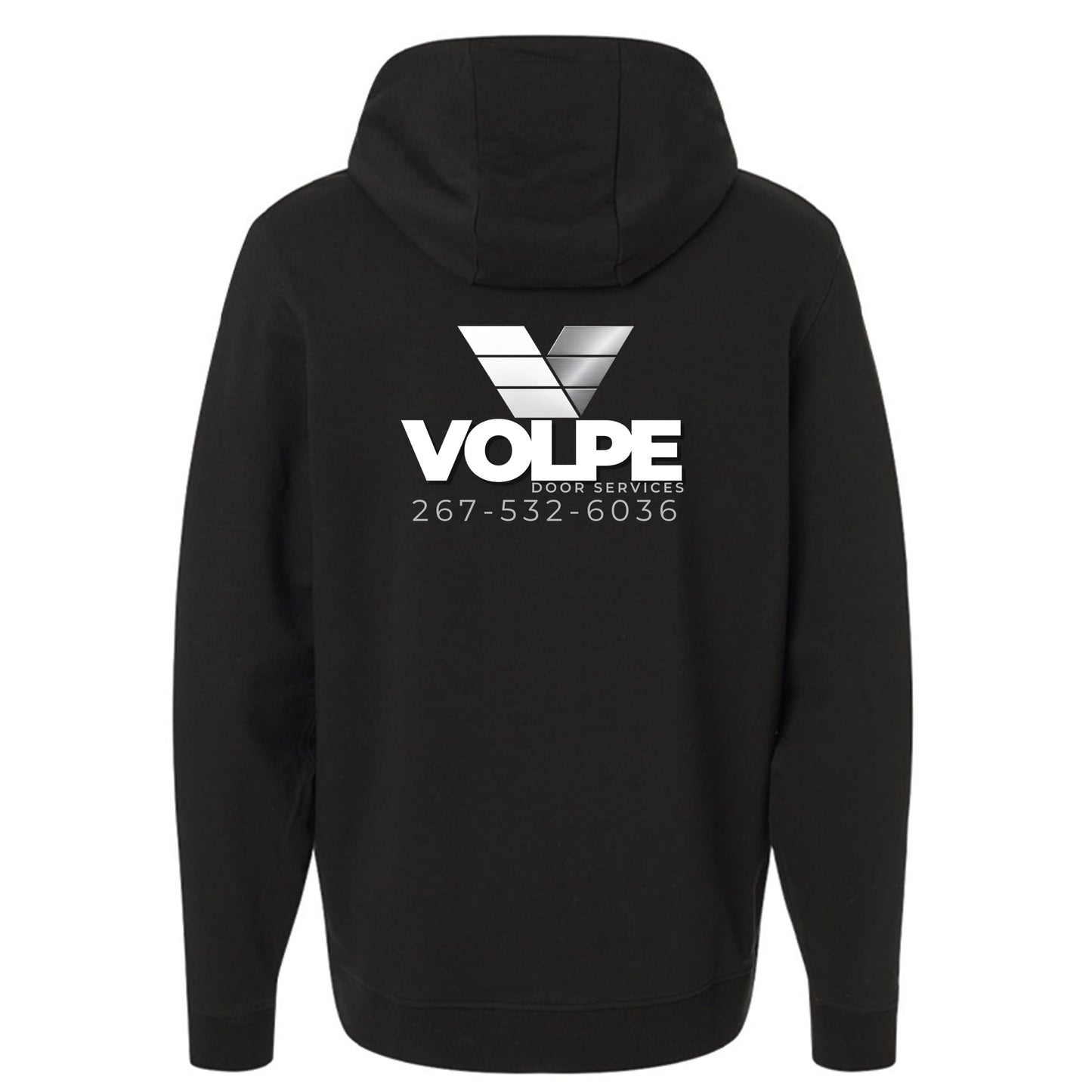 A black pullover hoodie shown from the back, featuring a large white and gray VOLPE food services logo printed on the center back.