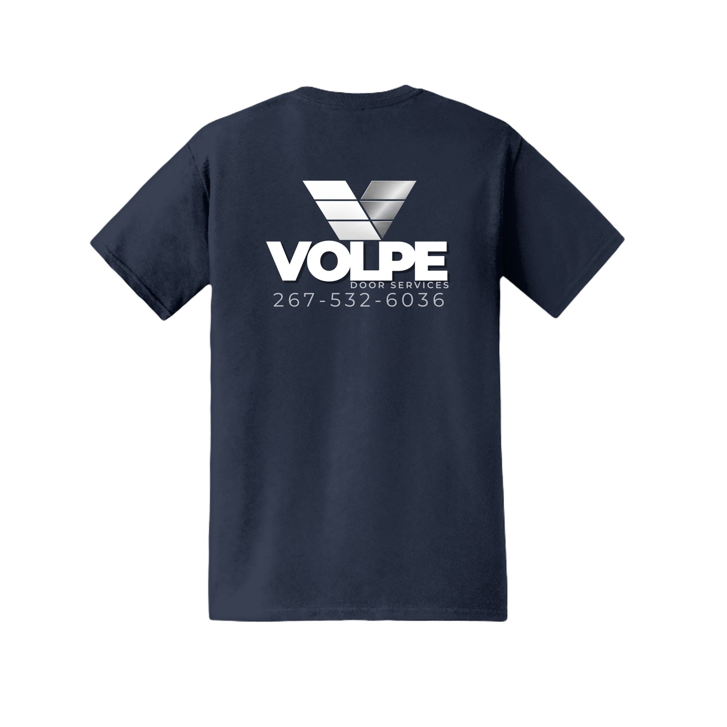 A navy blue short-sleeve t-shirt shown from the back, featuring a white and gray VOLPE logo with 'Tires Services' and a phone number printed on the center back.