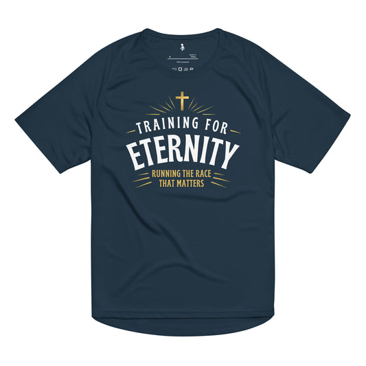 A navy blue athletic t-shirt with a graphic print on the front that reads 'TRAINING FOR ETERNITY' and 'RUNNING THE RACE THAT MATTERS' in white and gold lettering, featuring a small gold cross at the top.