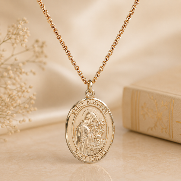 A gold Saint Aloysius medal necklace with an oval pendant, displayed on a beige surface with a satin background, dried flowers, and a vintage book.