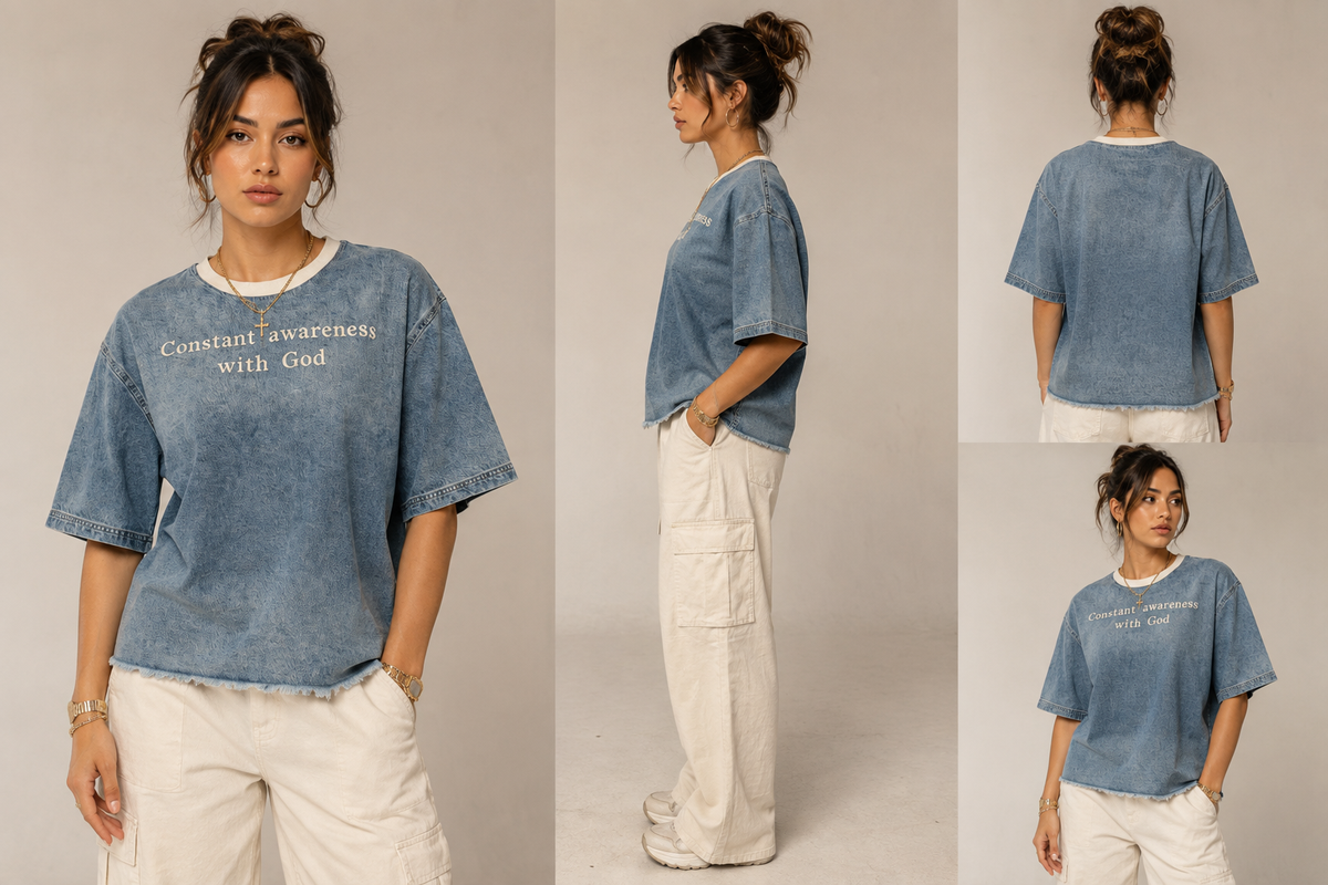A woman modeling an oversized light blue washed T-shirt with white text reading 'Constant awareness with God' on the chest, shown in multiple views against a plain light beige studio background.