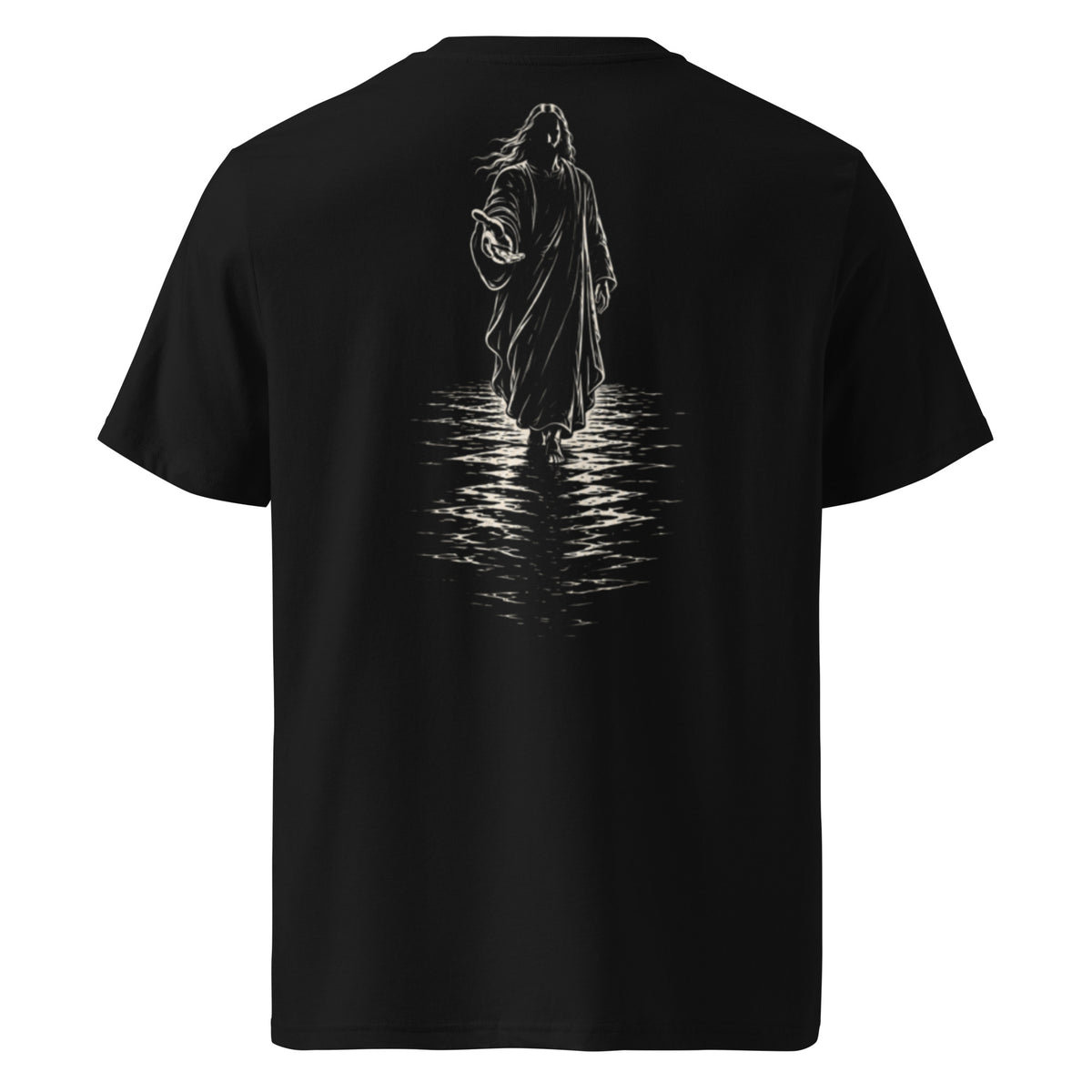 A black short-sleeve t-shirt shown from the back, featuring a large white graphic print of a hooded figure walking through water with a reflection below.
