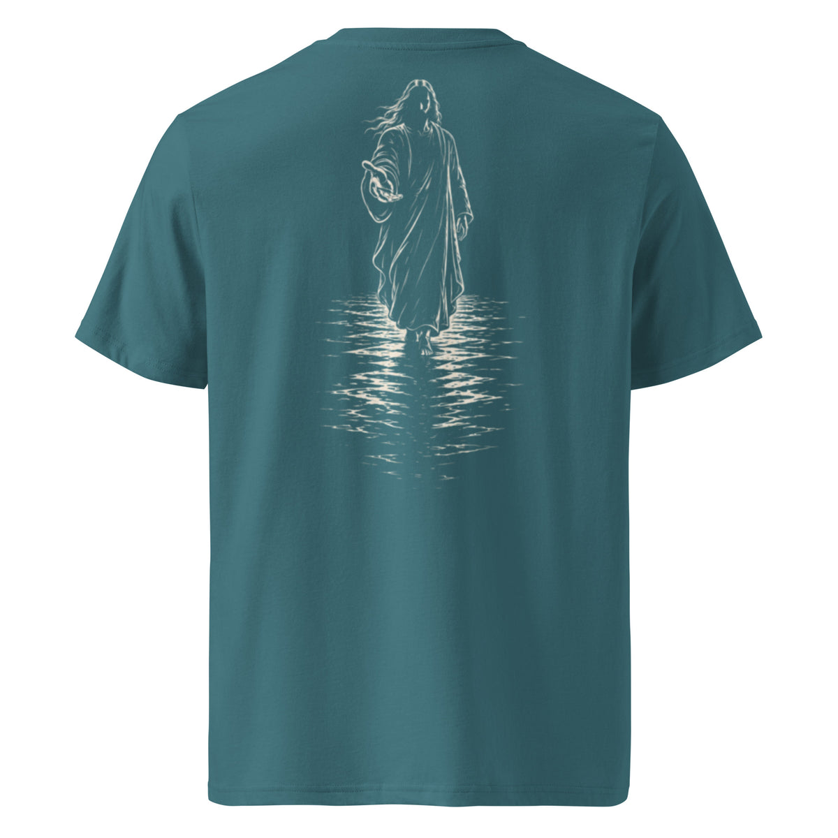 A teal blue short-sleeve t-shirt shown from the back, featuring a white line art graphic of a robed figure standing in water with reflections.