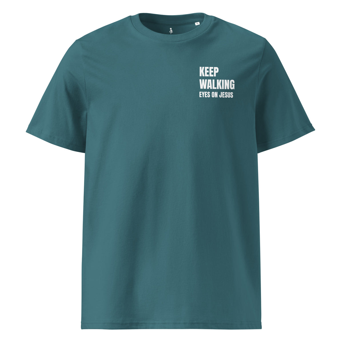 A teal short-sleeve crewneck t-shirt with white text on the left chest reading 'KEEP WALKING EYES ON JESUS', displayed on a solid white background.
