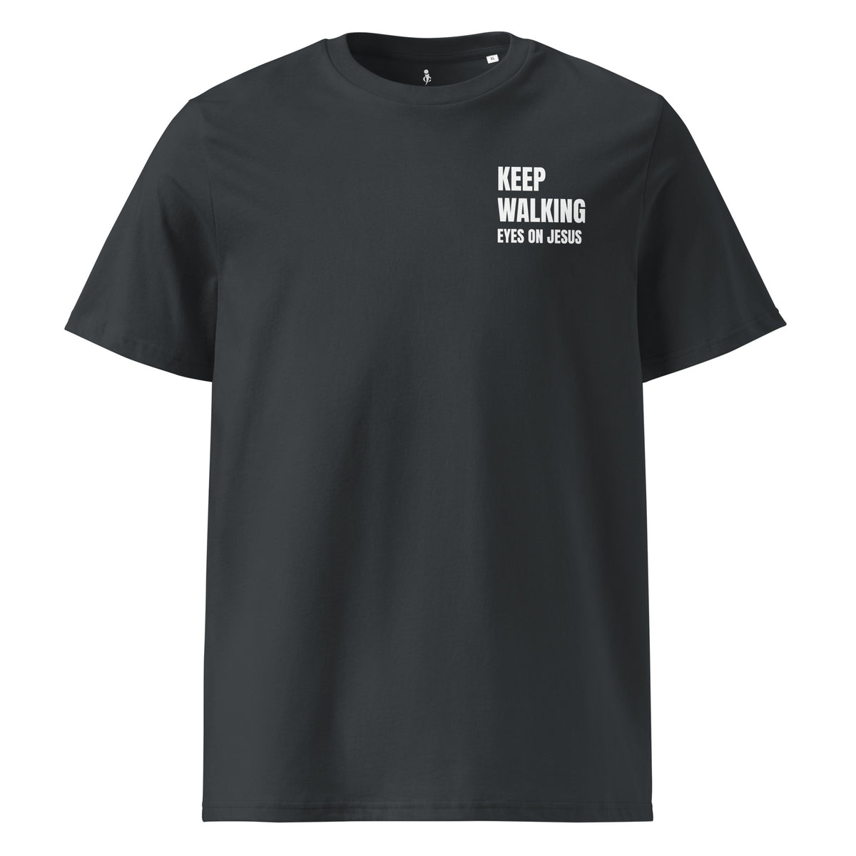 Black t-shirt with a logo on the chest against a white background