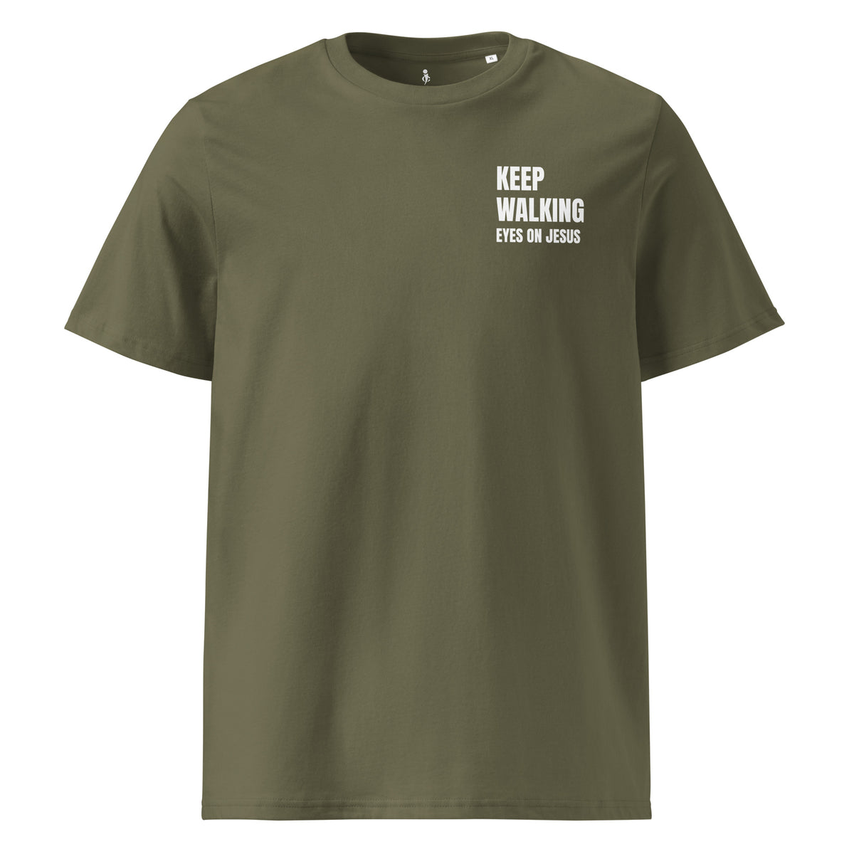 An olive green crewneck t-shirt with white printed text on the left chest reading 'KEEP WALKING EYES ON JESUS', displayed on a solid white background.