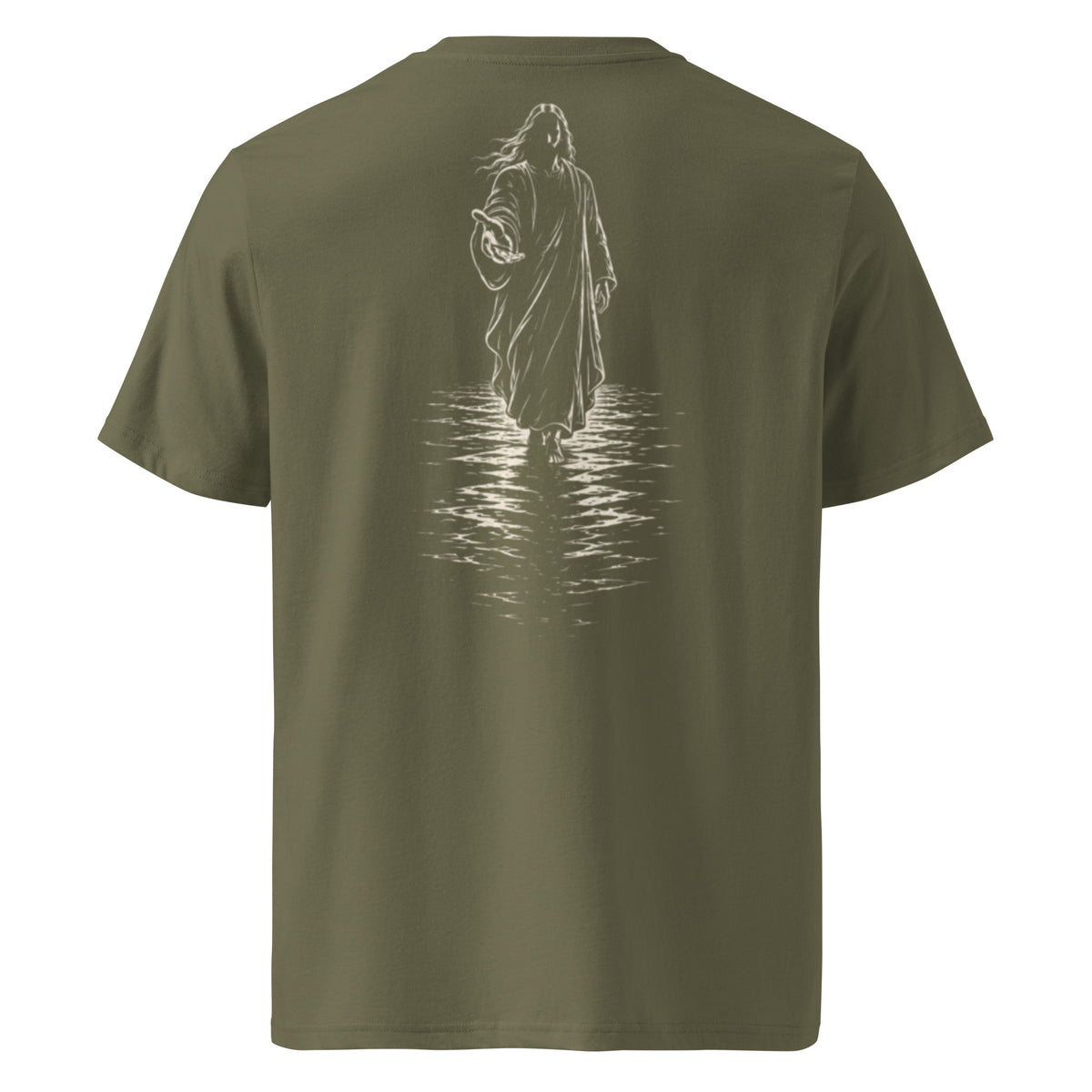 An olive green short-sleeve t-shirt shown from the back, featuring a white line art graphic of a robed figure standing in water with reflections.