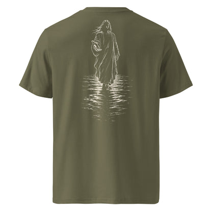 An olive green short-sleeve t-shirt shown from the back, featuring a white line art graphic of a robed figure standing in water with reflections.