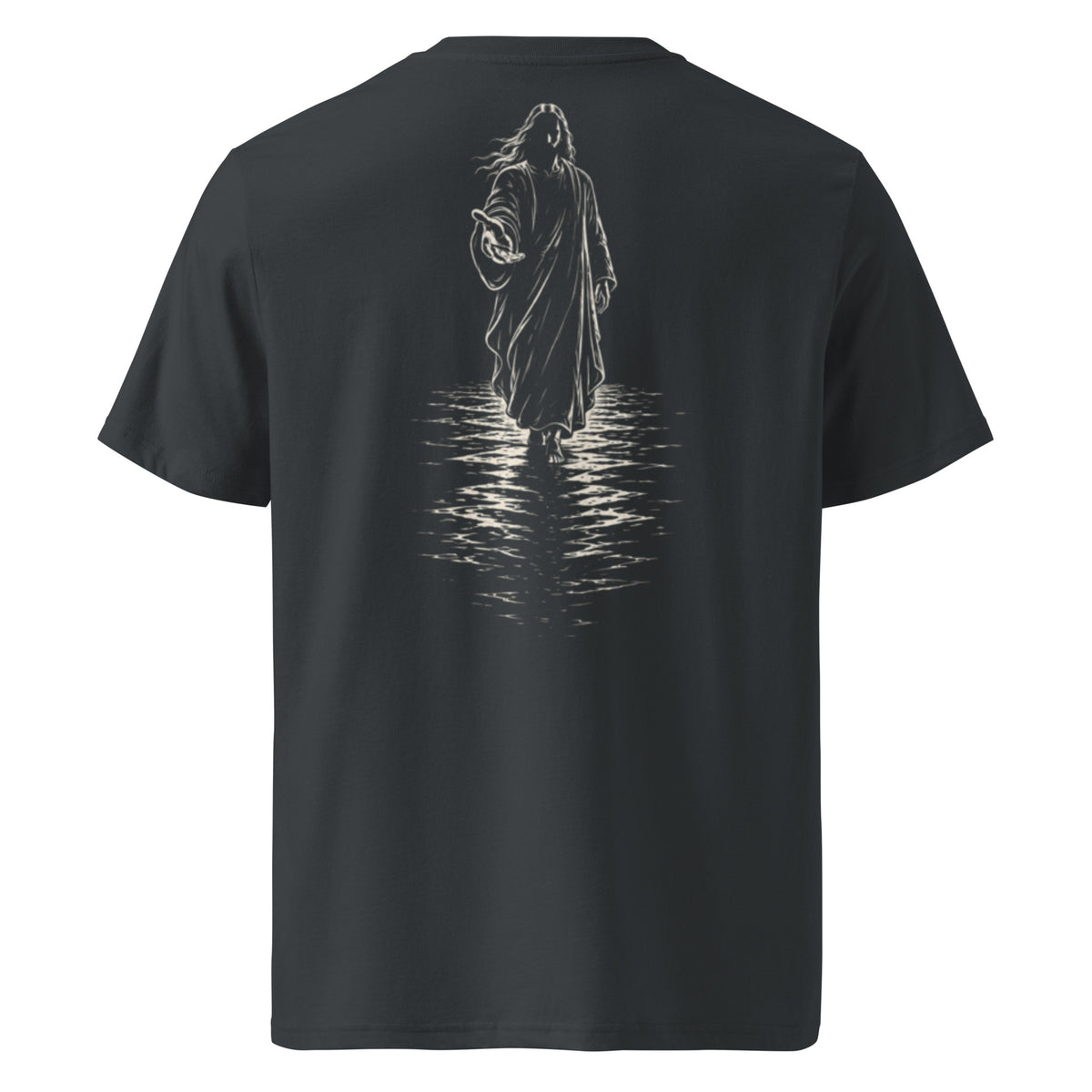 A dark charcoal gray short-sleeve t-shirt shown from the back, featuring a detailed white graphic of a hooded figure walking through water with ripples.