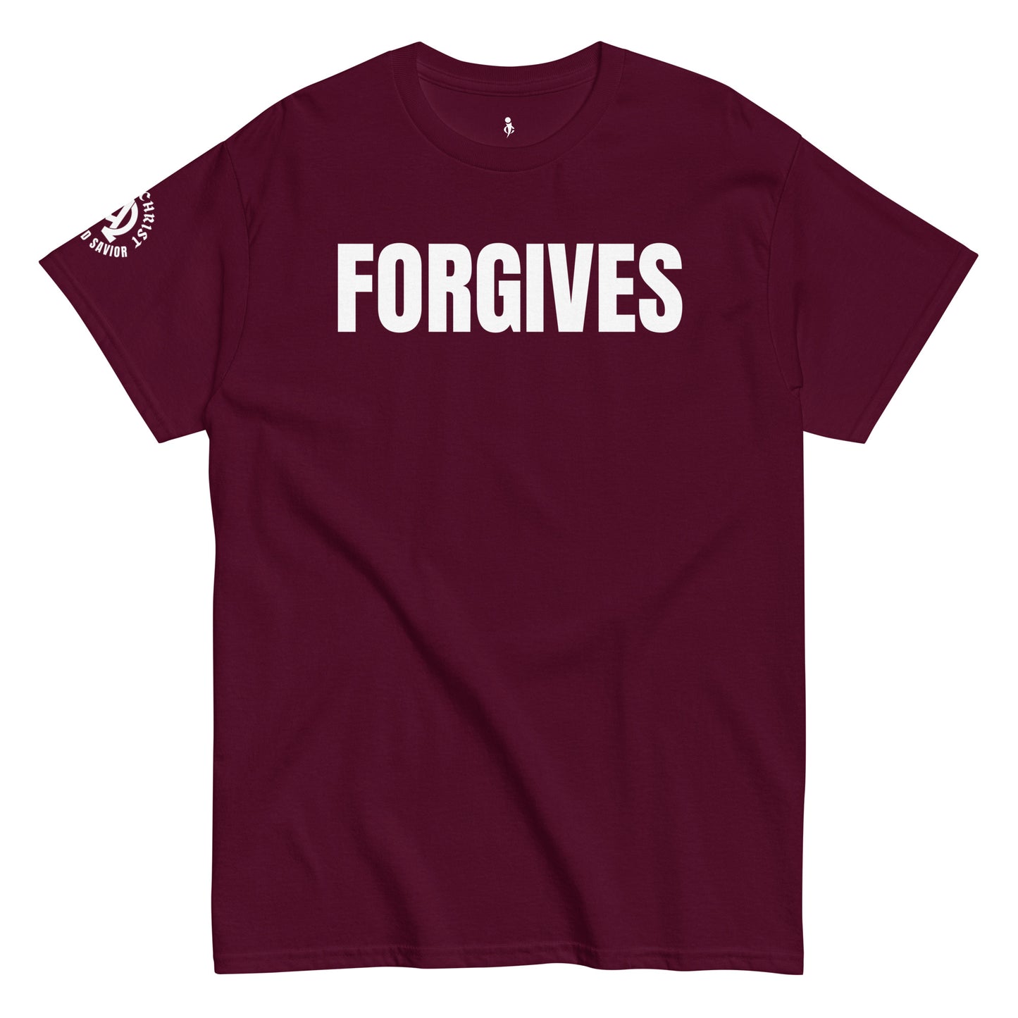 FORGIVES TEE maroon front view 