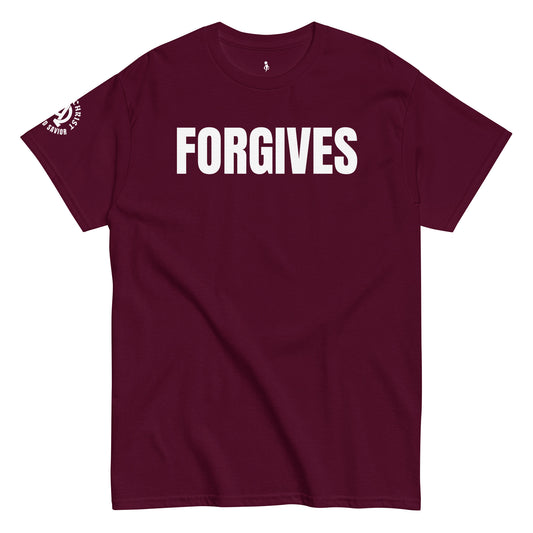 FORGIVES TEE maroon front view 