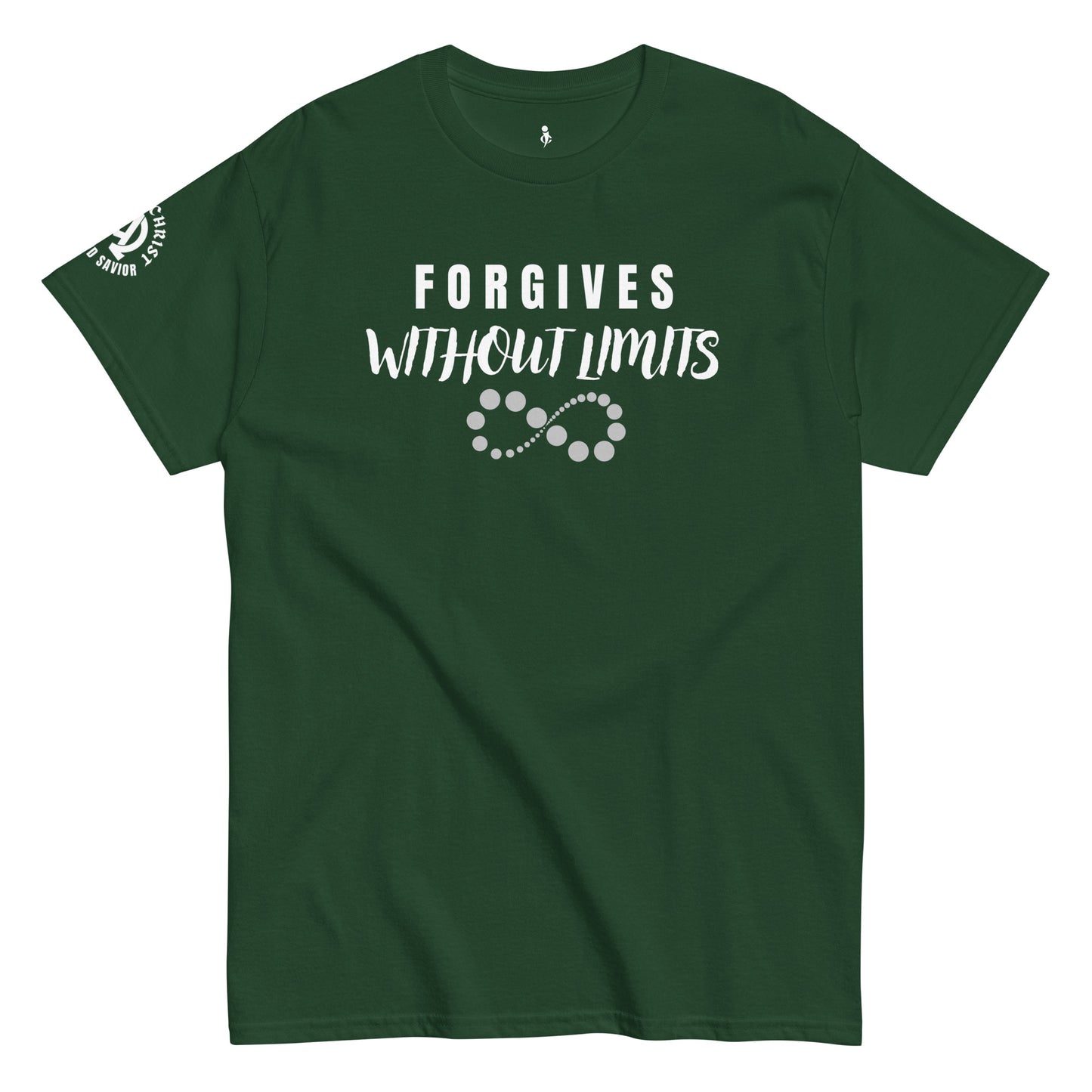 FORGIVES WITHOUT LIMITS TEE forest green front view 