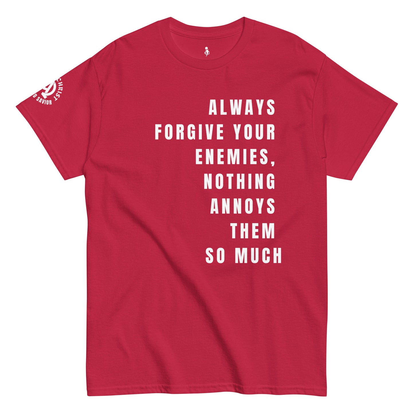 Forgiveness Tee cardinal pink dark front view 