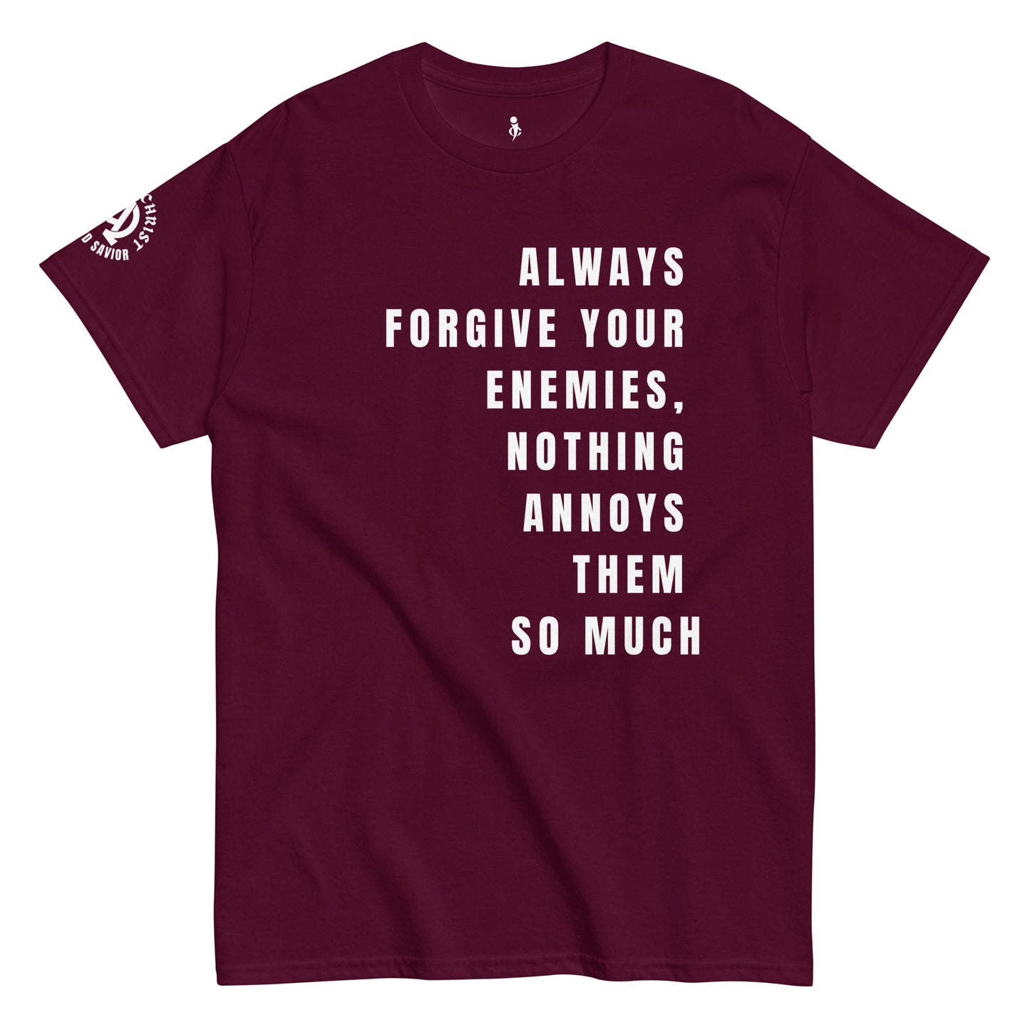 Forgiveness Tee front view maroon 