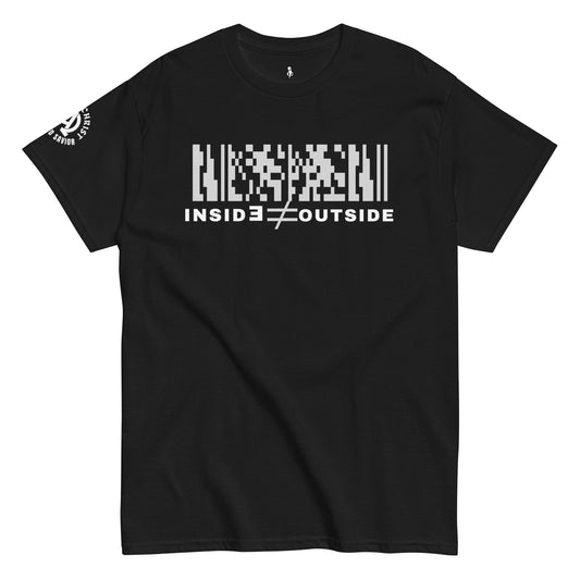 Inside ≠ Outside tee black barcode design authenticity statement shirt front view