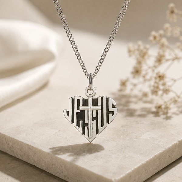 A silver heart-shaped pendant necklace with a cross and stylized lettering, displayed on a beige stone surface with soft cream fabric and dried flowers in the background.