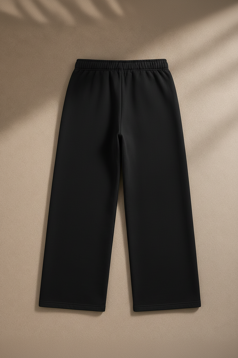 Black wide-leg cropped pants with an elastic waistband, laid flat on a beige background with soft leaf shadows.