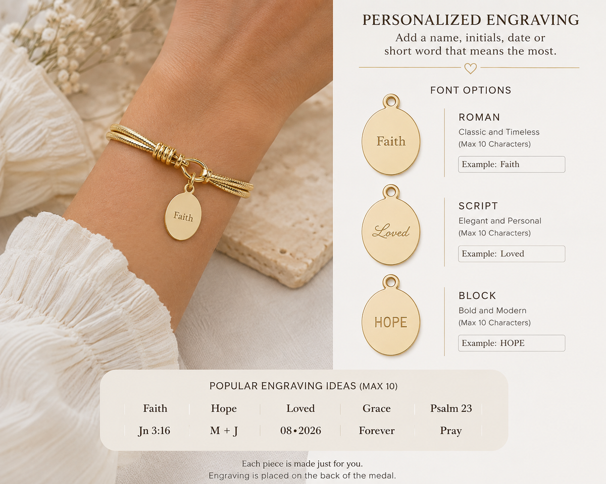A gold medal with engraved oval and round charms worn on a person's wrist, shown alongside informational text about personalized engraving options and examples on a cream background.