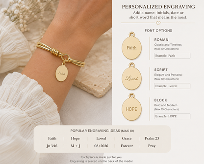 A gold medal with engraved oval and round charms worn on a person's wrist, shown alongside informational text about personalized engraving options and examples on a cream background.