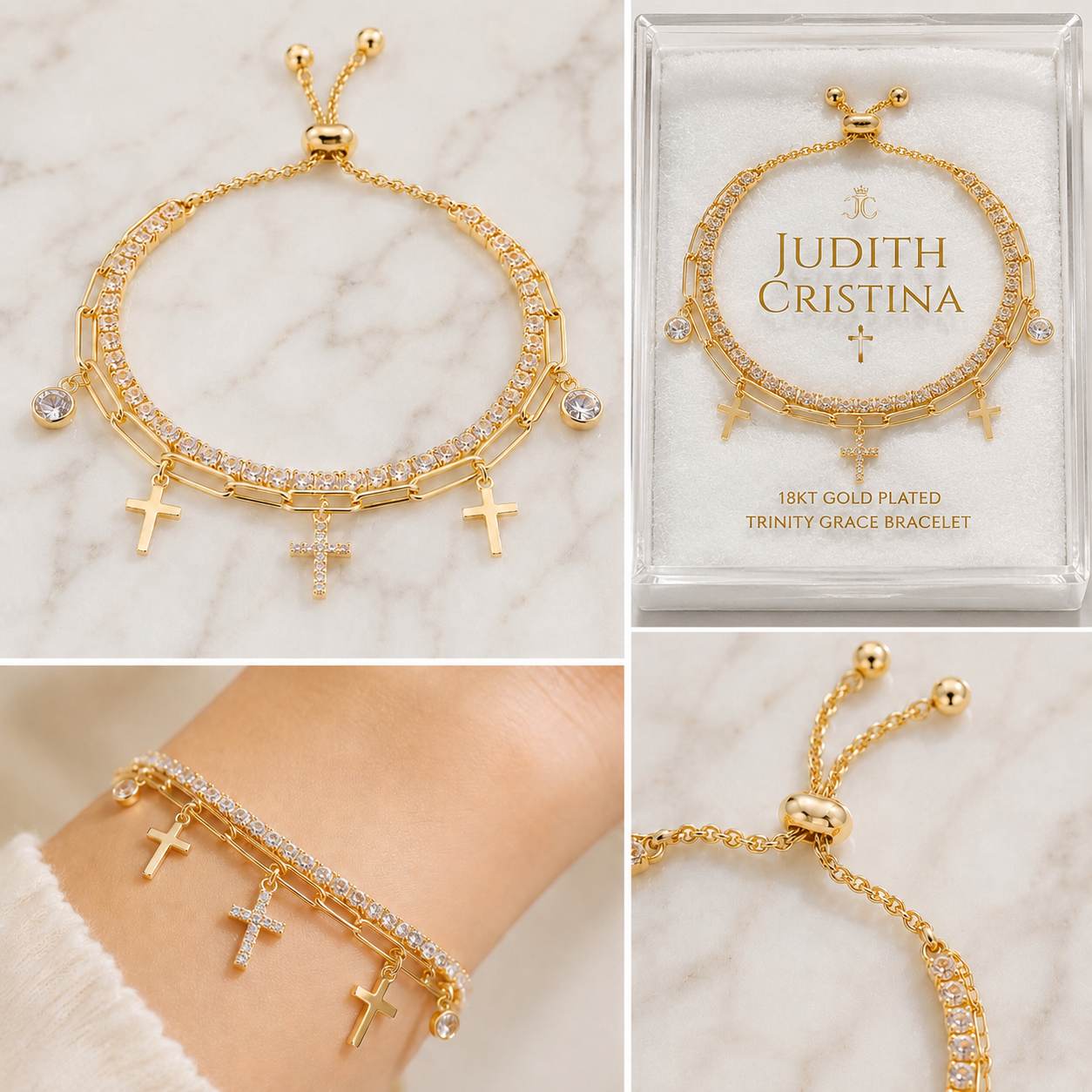 A collage showing a gold-plated trinity bracelet with three crosses and clear crystal pavé detailing. The top-left panel shows the bracelet laid flat on a white marble background.