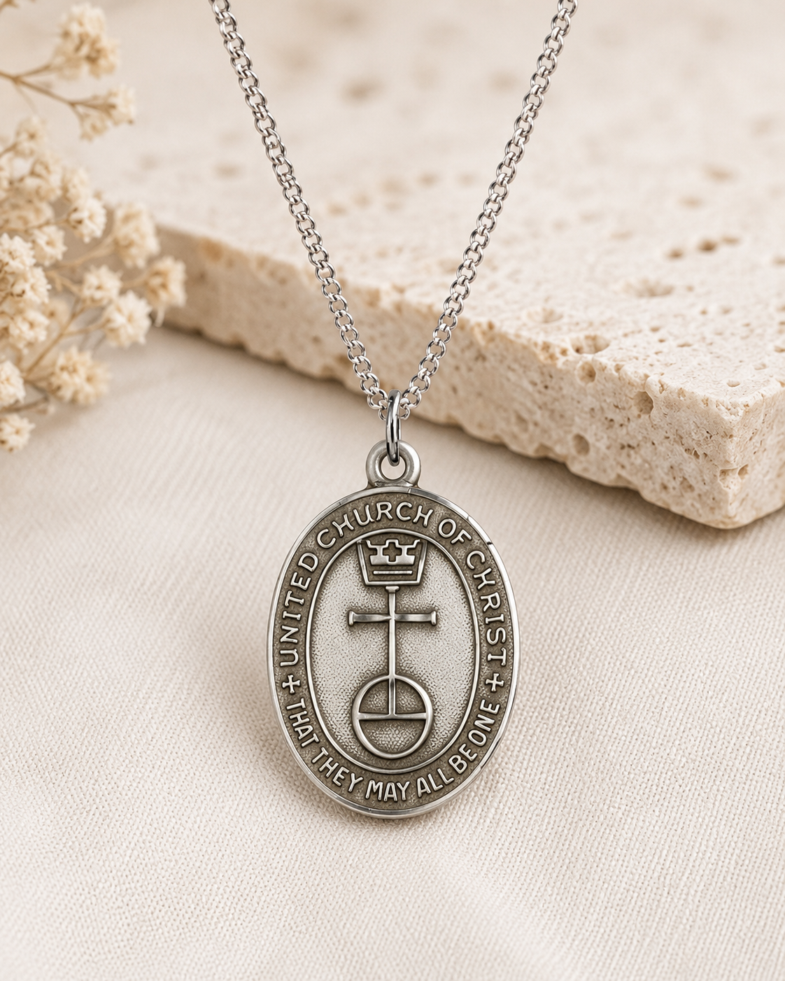 An oval silver pendant necklace featuring a cross with a crown and the words 'UNITED CHURCH OF CHRIST' and 'THAT THEY MAY ALL BE ONE', displayed on a textured beige fabric with dried flowers and a stone prop.