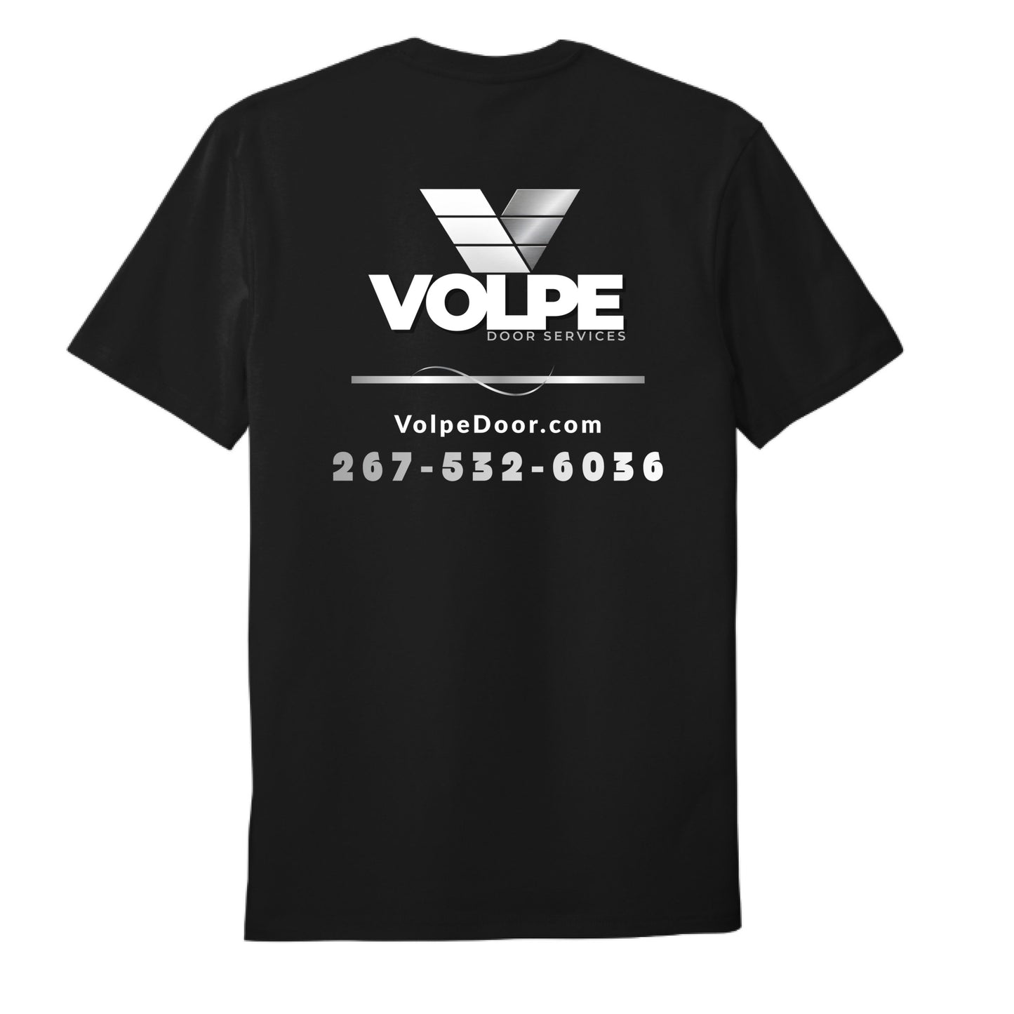 A black short-sleeve t-shirt with a white and gray VOLPE Door Services graphic printed on the back, featuring a stylized 'V' logo, website, and phone number.
