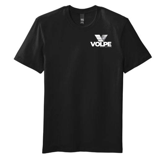 A black short-sleeve crewneck t-shirt with a white Volpe logo printed on the left chest, displayed against a solid white background.