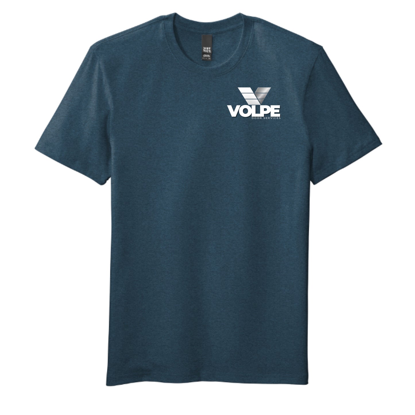A dark teal heather short-sleeve t-shirt with a white Volpe logo printed on the left chest, displayed against a solid white background.