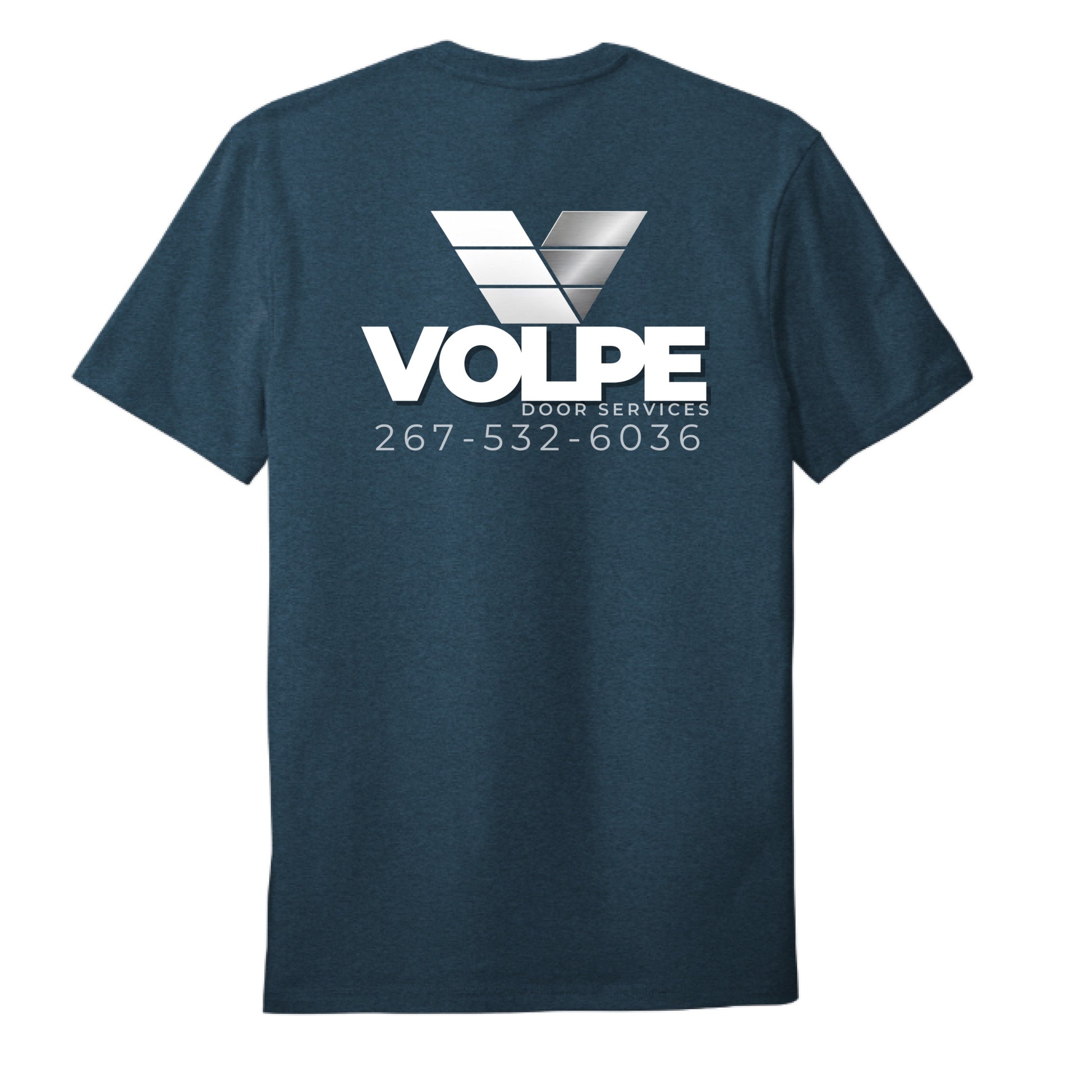 A dark heather blue t-shirt shown from the back, featuring a large white and silver graphic print of the 'VOLPE DOOR SERVICES' logo and phone number.