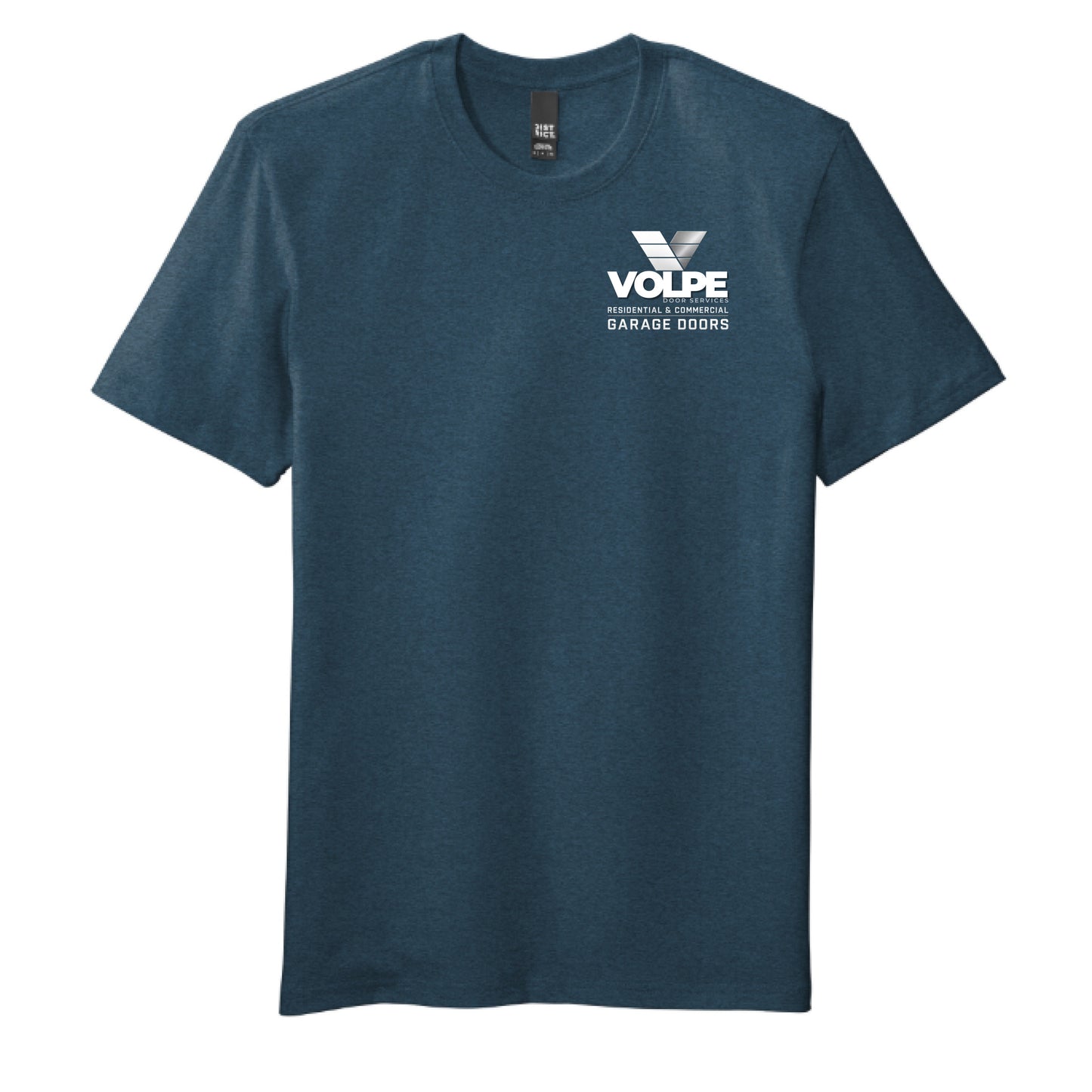 A dark teal heathered short-sleeve t-shirt with a white graphic on the left chest reading 'VOLPE GARAGE DOORS' with a stylized logo, displayed on a solid white background.