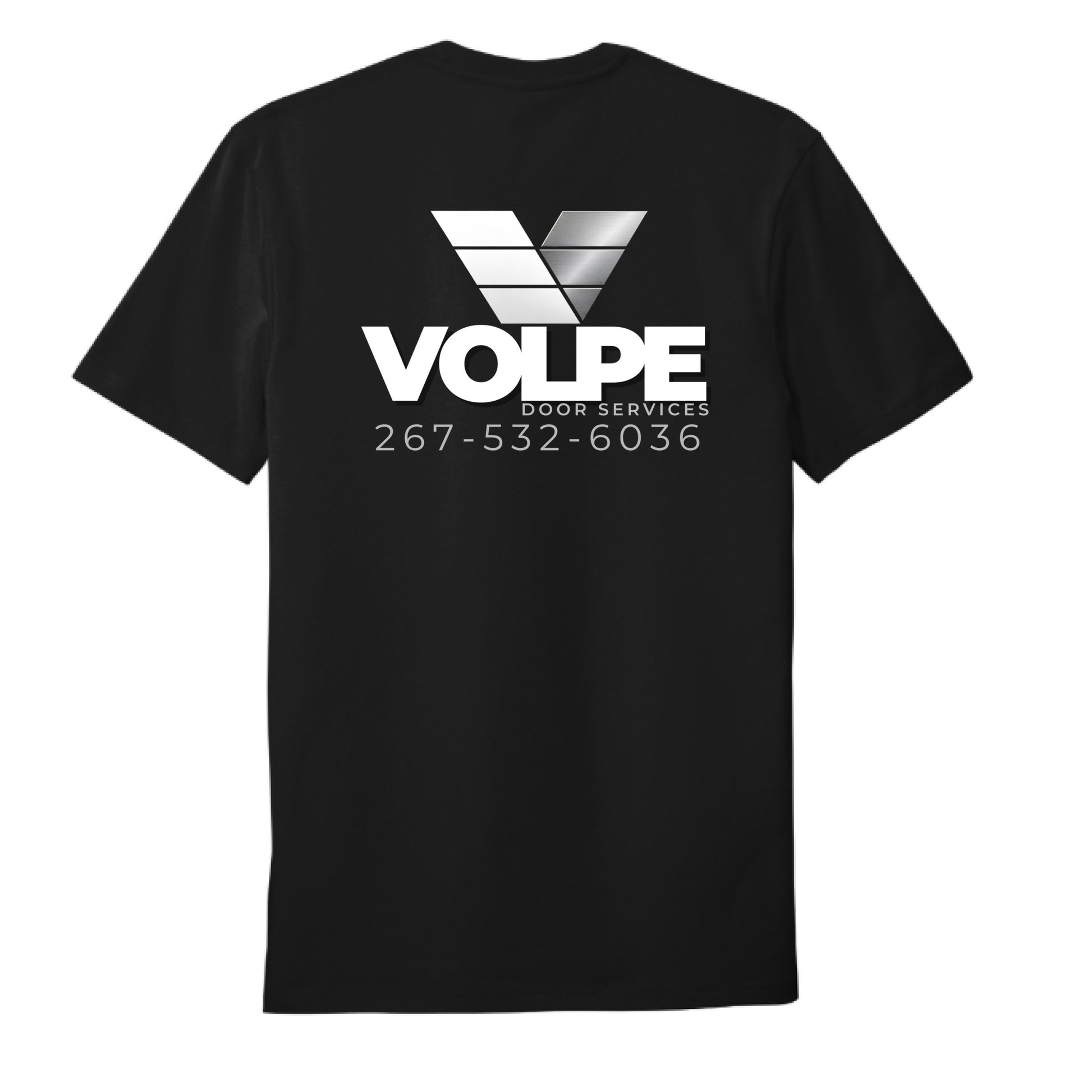 A black short-sleeve t-shirt with a white and gray printed graphic on the chest featuring the text 'VOLPE DOOR SERVICES' and a phone number, shown against a plain white background.