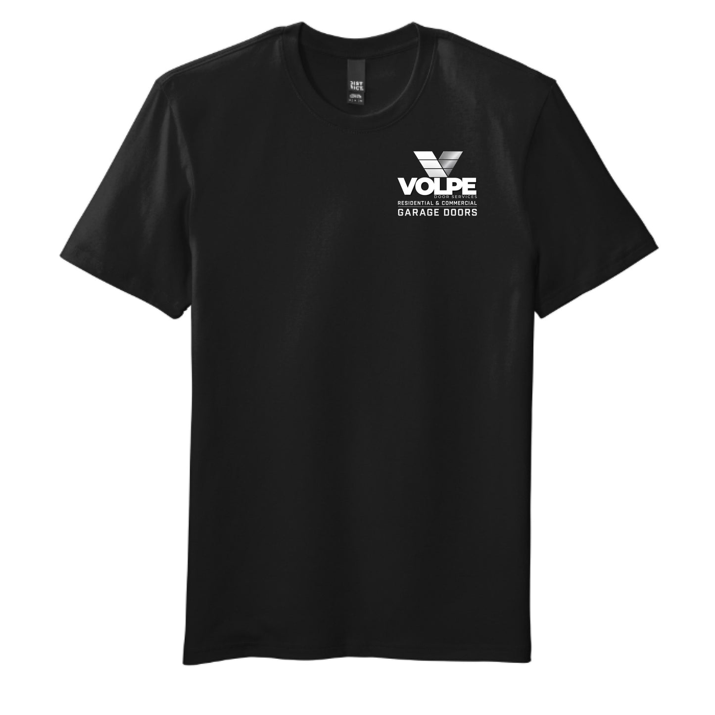 A black short-sleeve crewneck t-shirt with a white graphic on the left chest reading 'VOLPE GARAGE DOORS' under a stylized logo, displayed on a solid white background.