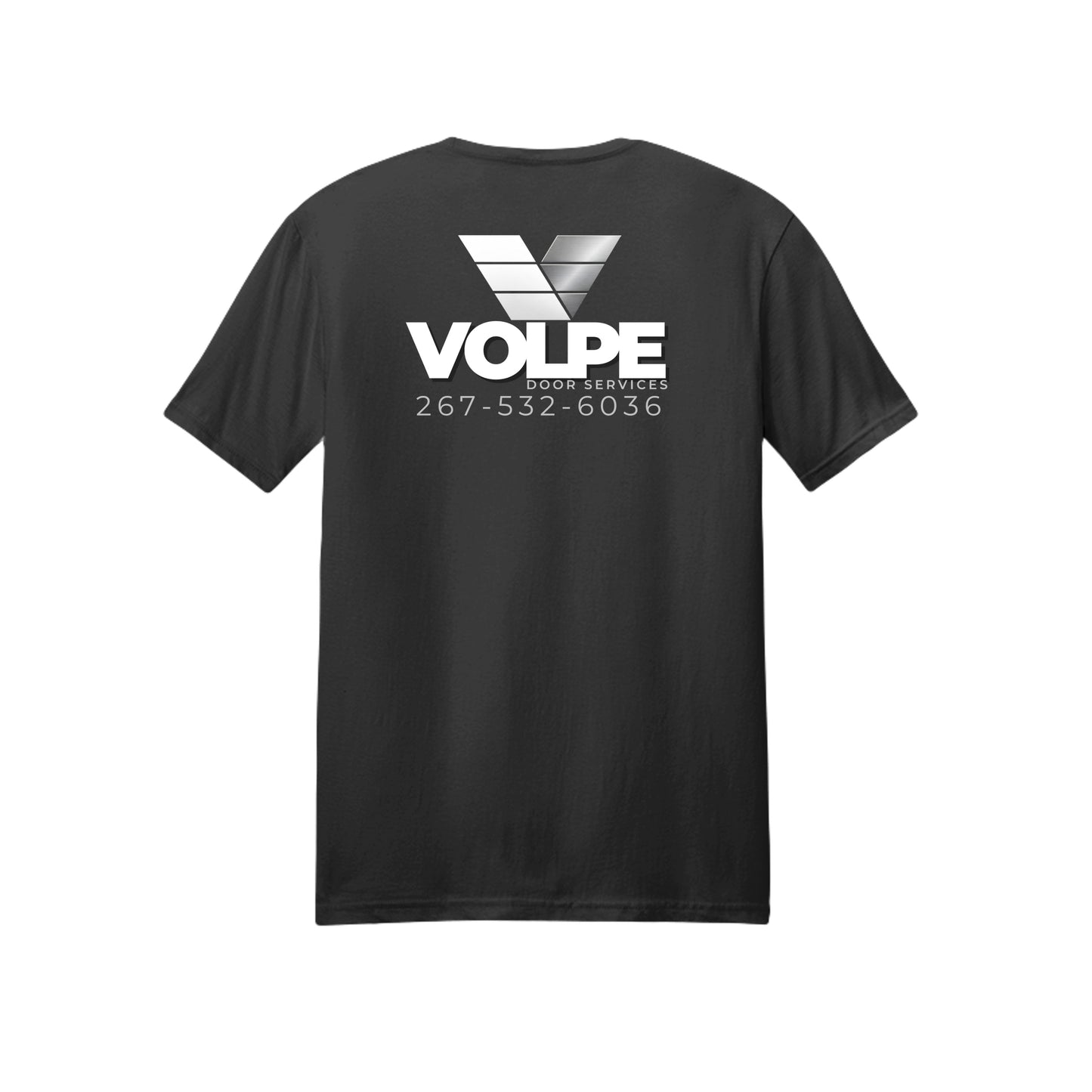 A black short-sleeve t-shirt with a white and silver graphic on the front featuring the brand name 'VOLPE' and contact information, displayed on a solid white background.