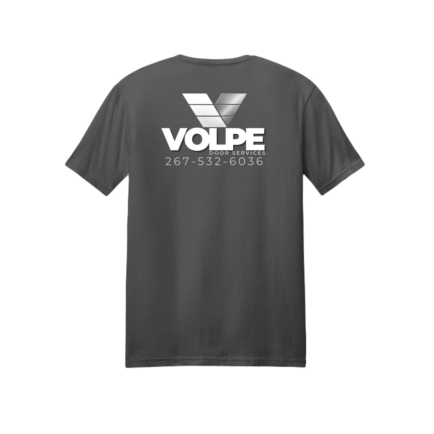 A dark gray crewneck t-shirt with a white and silver VOLPE logo and text printed on the chest, displayed against a solid white background.