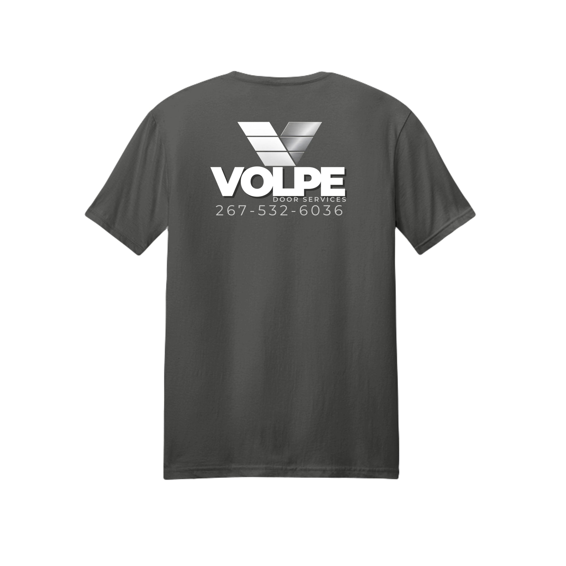 A dark gray crewneck t-shirt with a white and silver VOLPE logo and text printed on the chest, displayed against a solid white background.