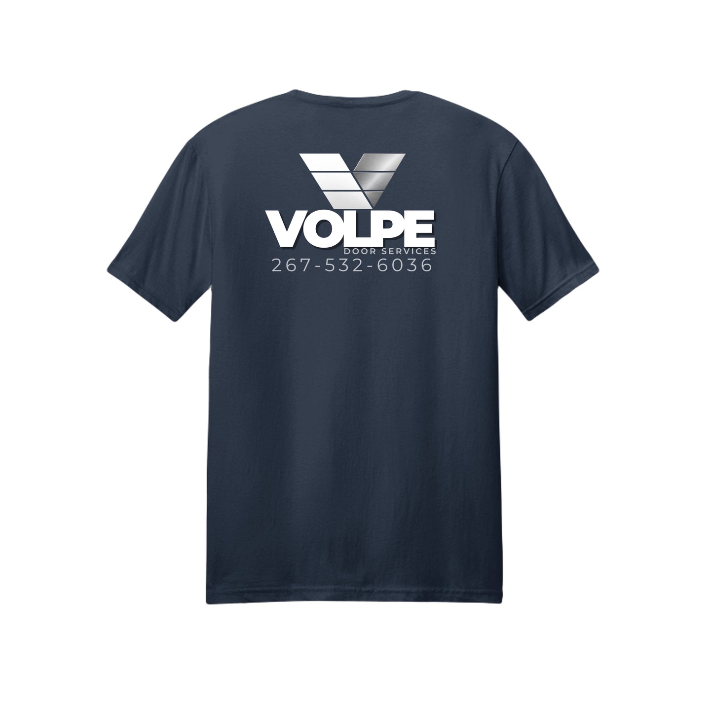 A navy blue short-sleeve t-shirt with a white and silver VOLPE Global Services graphic printed on the back, displayed against a solid white background.