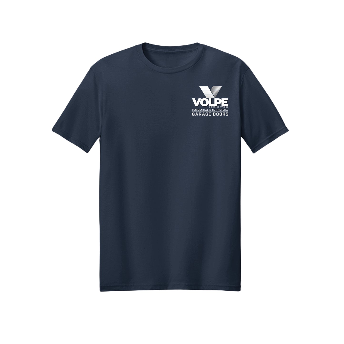 A navy blue short-sleeve crewneck t-shirt with a white printed graphic on the left chest reading 'VOLPE GARAGE DOORS' with a stylized logo, shown on a plain white background.