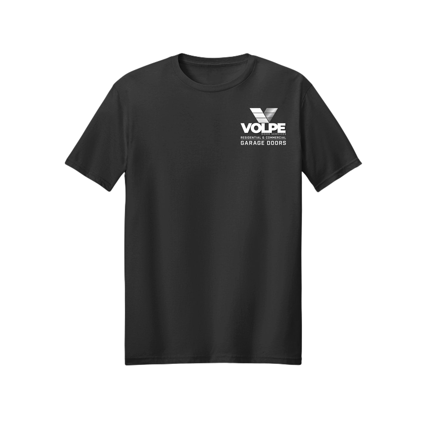 A black short-sleeve crewneck t-shirt with a white graphic logo on the left chest that reads 'VOLPE GARAGE DOORS', shown against a plain white background.