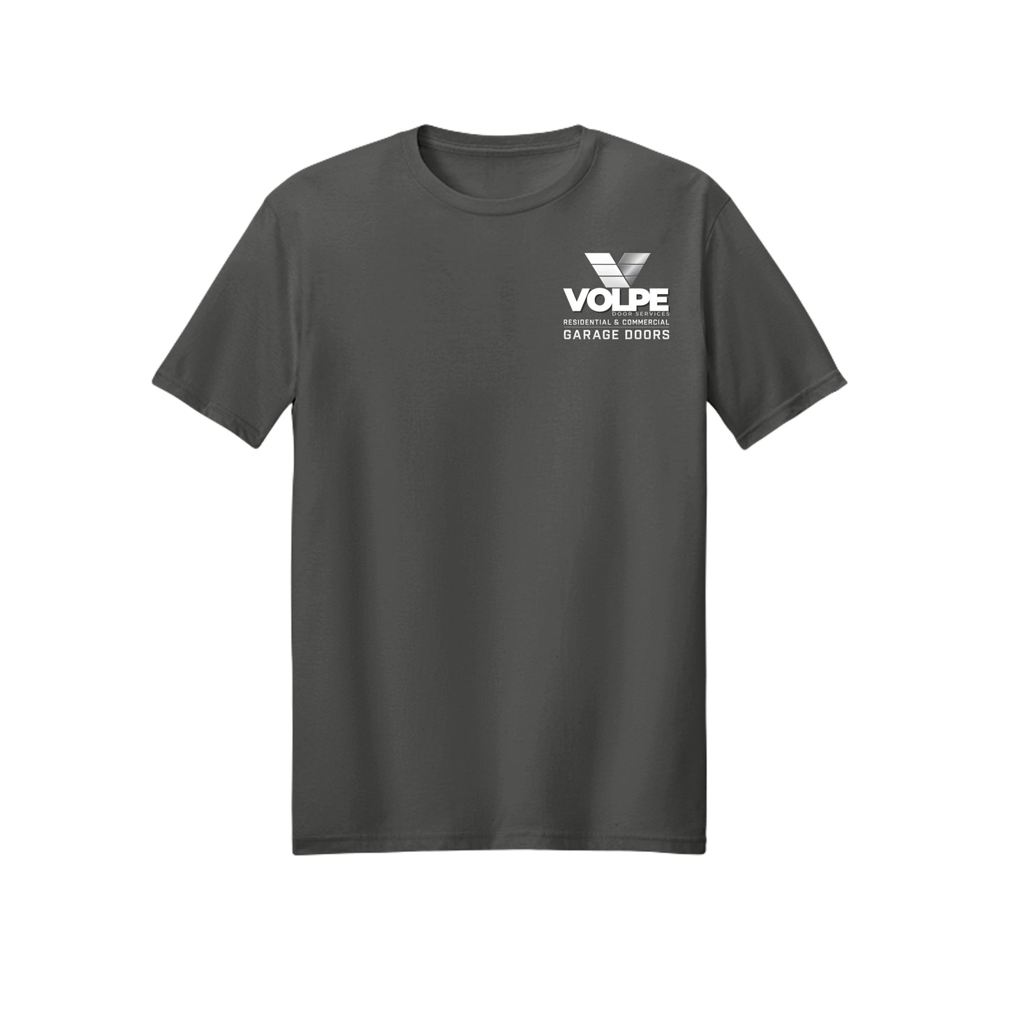 A dark gray crewneck t-shirt with a white printed 'VOLPE GARAGE DOORS' logo on the left chest, displayed against a solid white background.