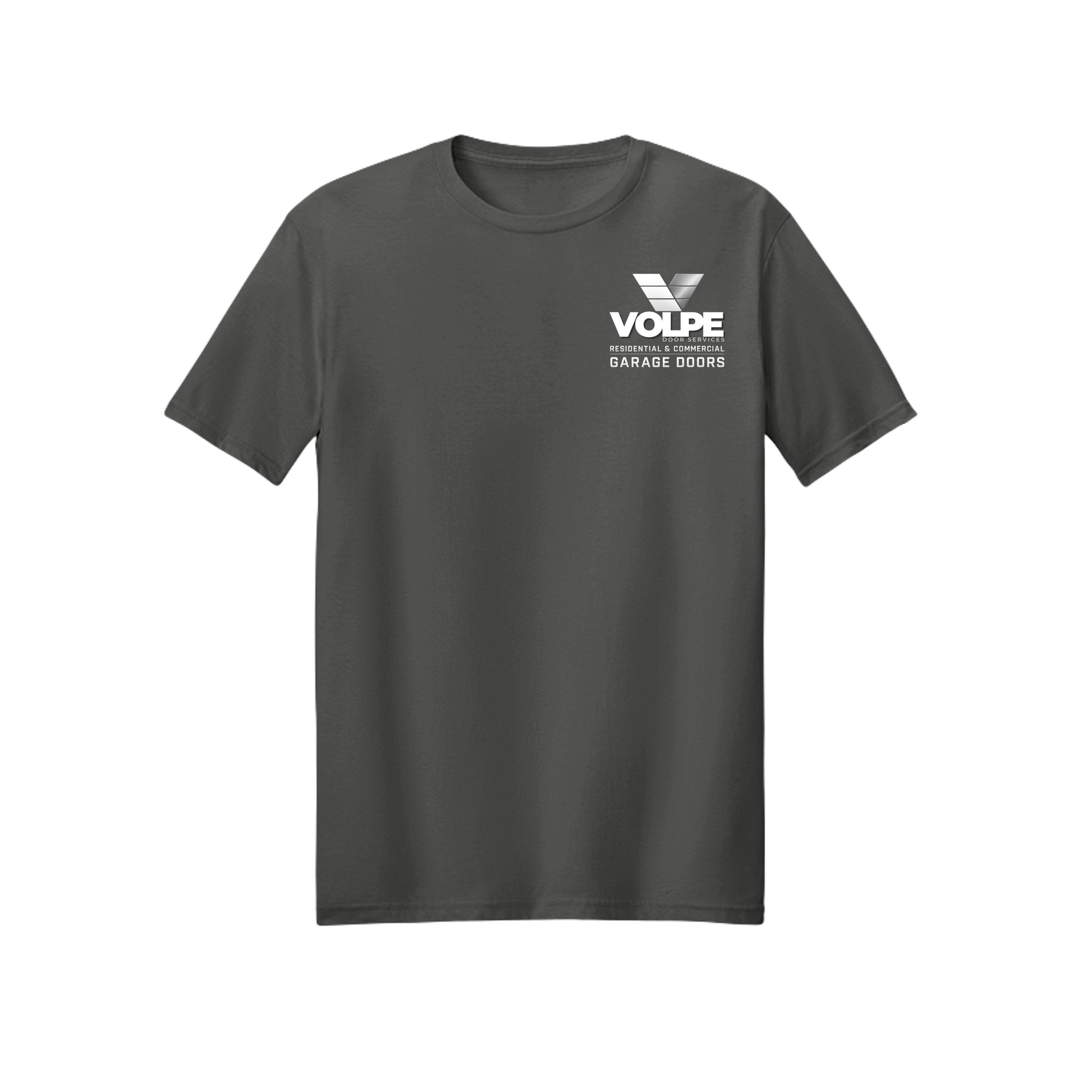 A dark gray crewneck t-shirt with a white printed 'VOLPE GARAGE DOORS' logo on the left chest, displayed against a solid white background.