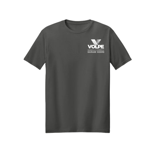 A dark gray crewneck t-shirt with a white printed 'VOLPE GARAGE DOORS' logo on the left chest, displayed against a solid white background.