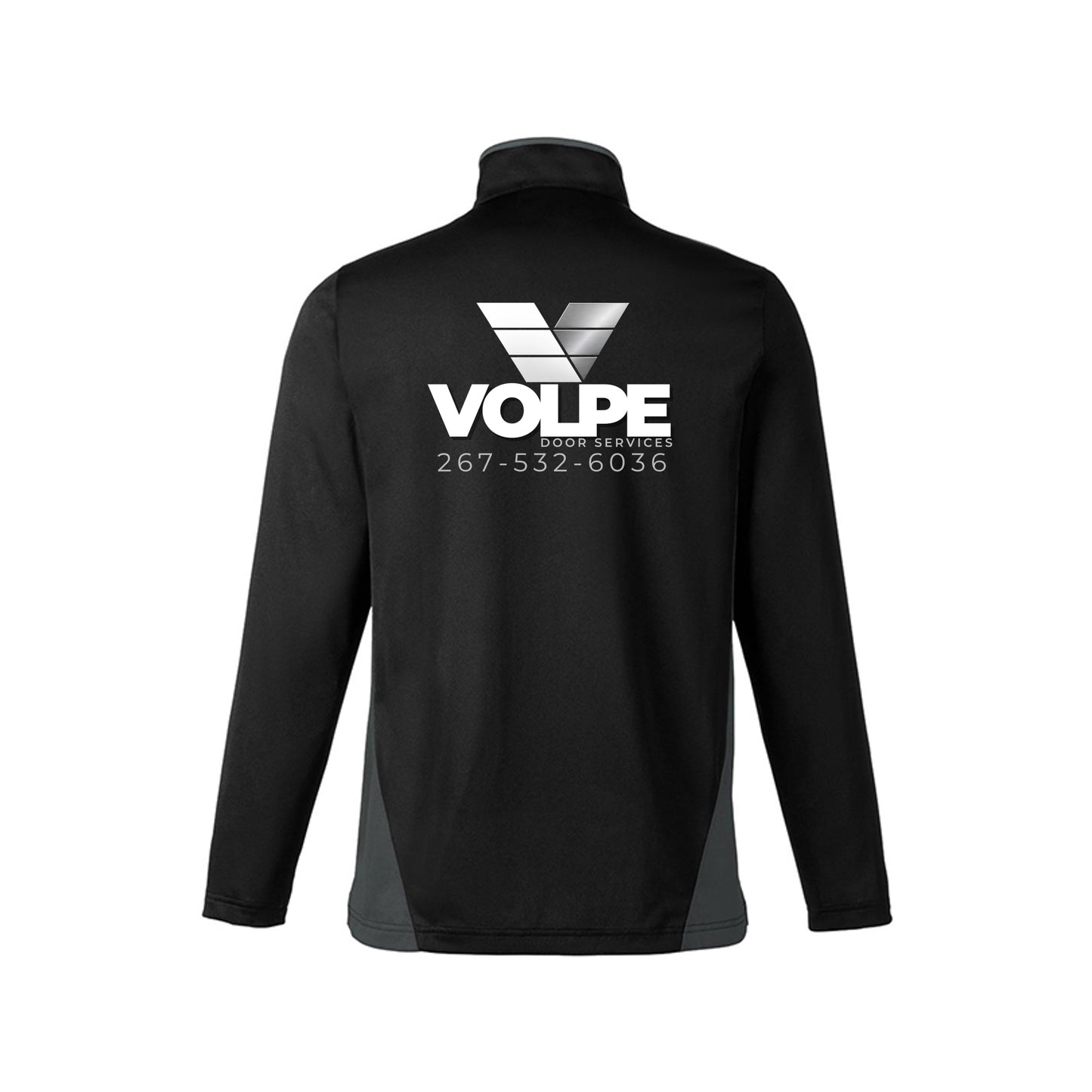 A black long-sleeve quarter-zip jacket shown from the back, featuring a large white VOLPE logo and contact information printed on the center back.