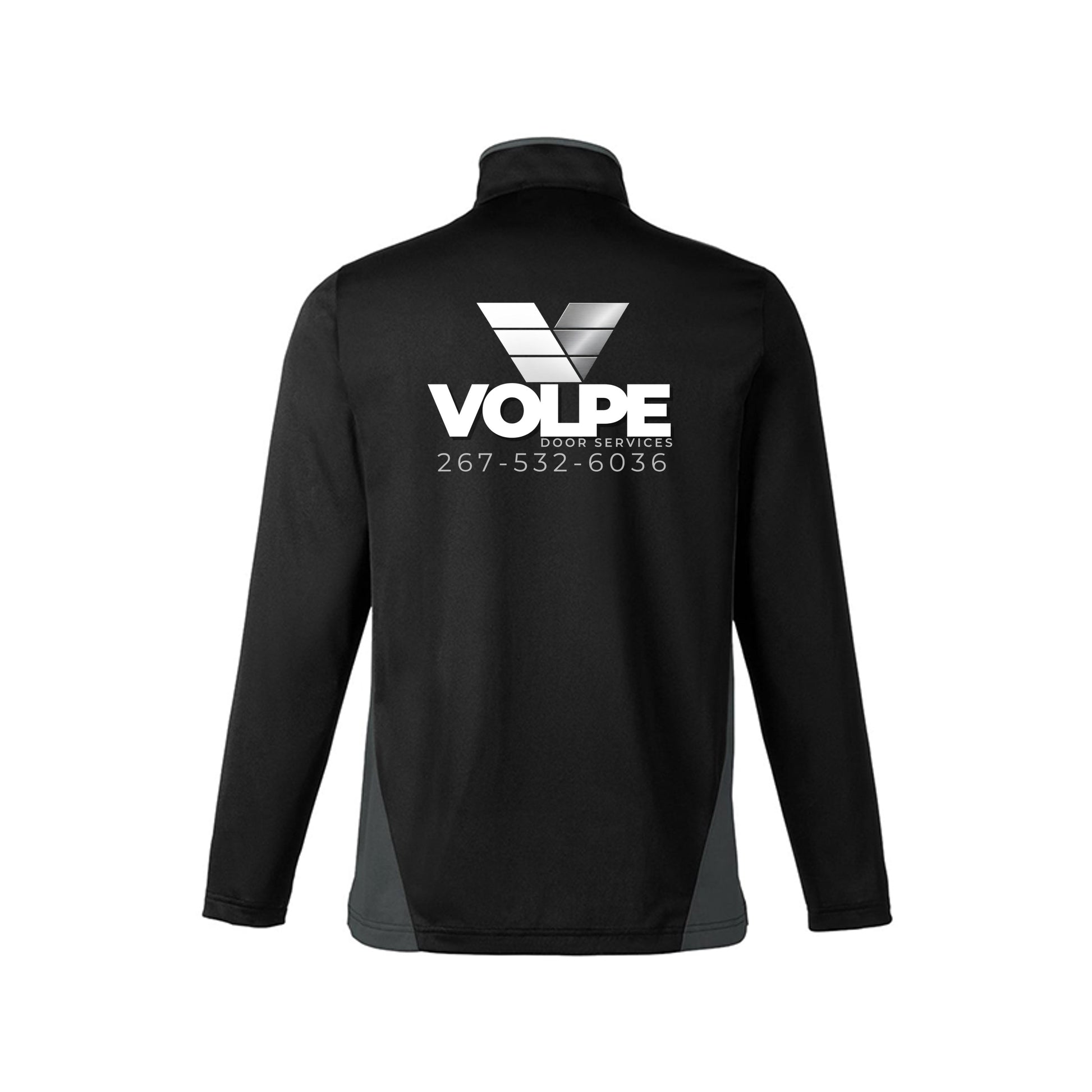 A black long-sleeve quarter-zip jacket shown from the back, featuring a large white VOLPE logo and contact information printed on the center back.