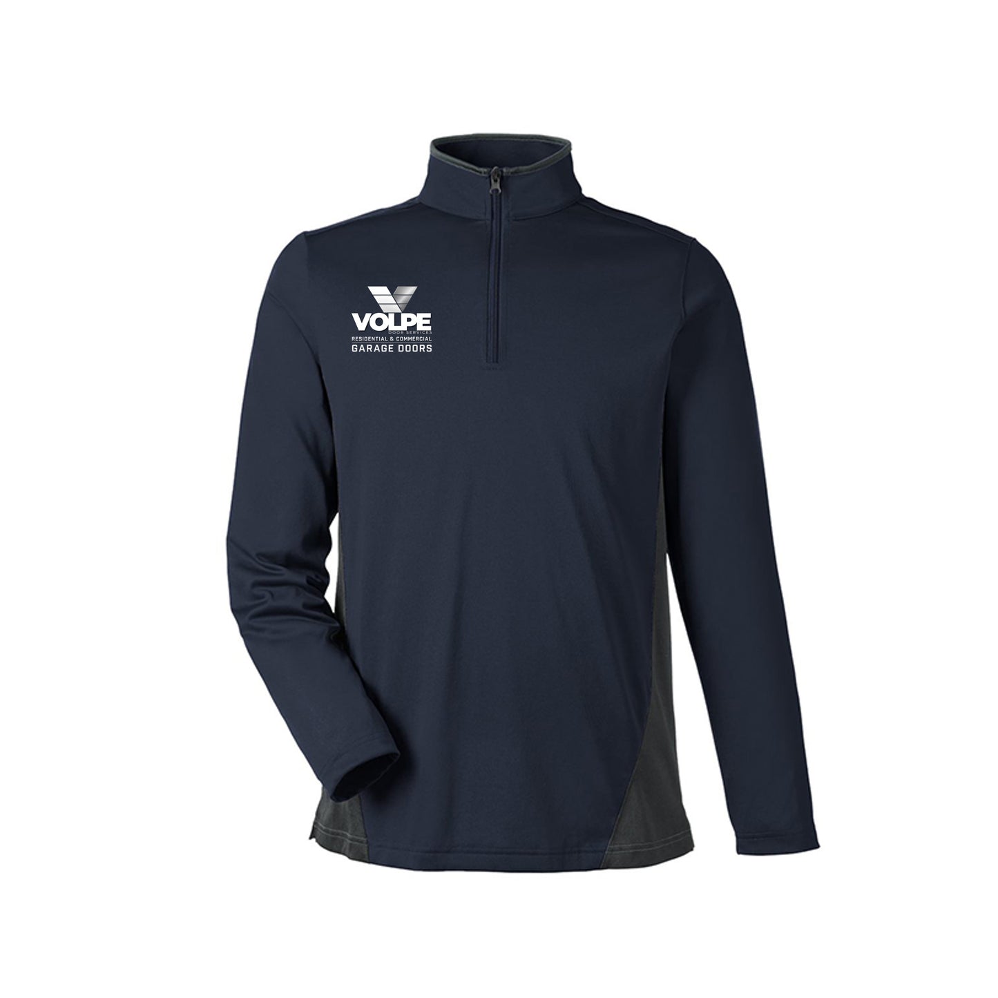 A navy blue long-sleeve quarter-zip pullover jacket with a white VOLPE GARAGE DOORS logo printed on the left chest, displayed on a clean white background.
