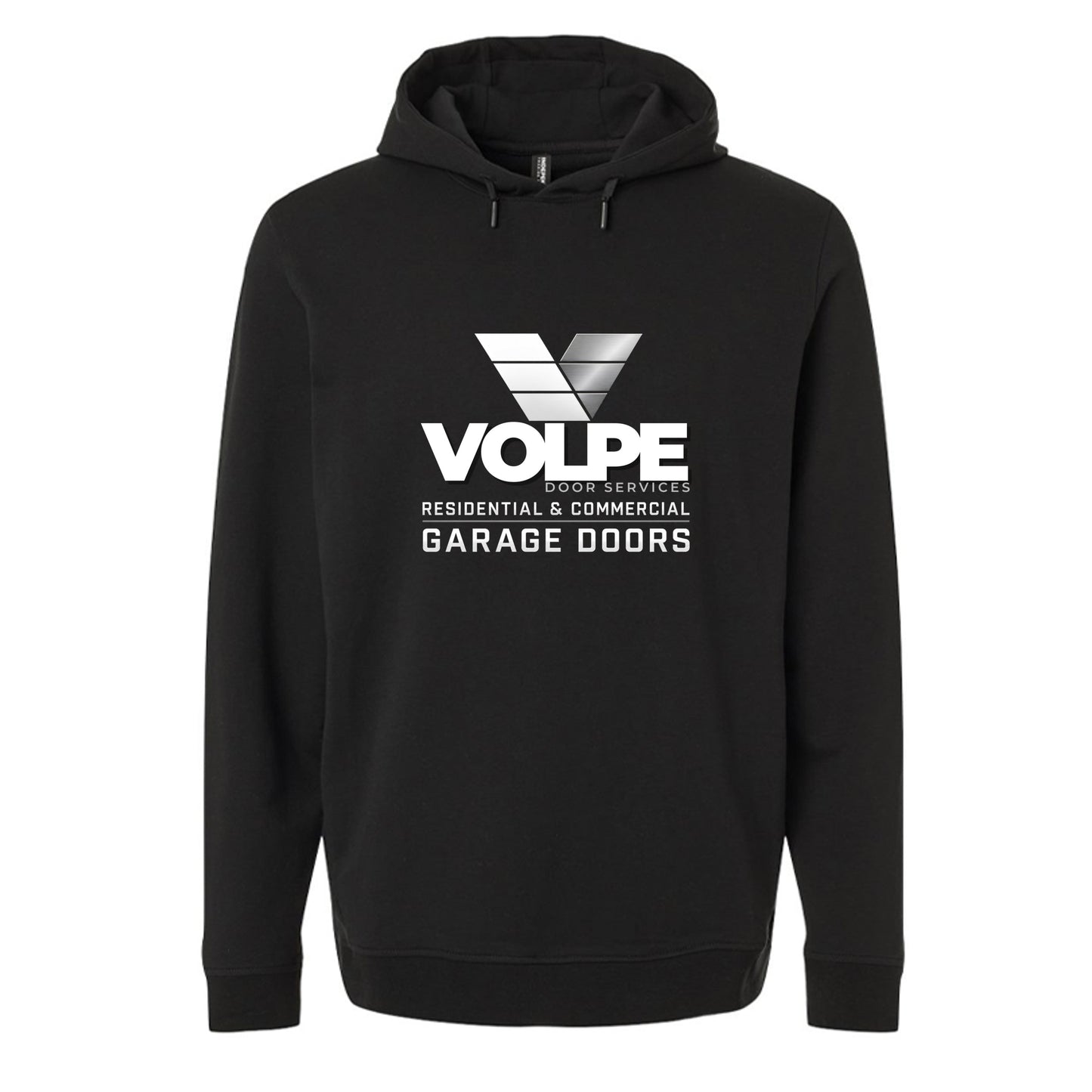 A black pullover hoodie featuring a white and gray printed graphic on the chest that reads 'VOLPE DOOR SERVICES RESIDENTIAL & COMMERCIAL GARAGE DOORS' with a stylized 'V' logo, shown against a plain white background.