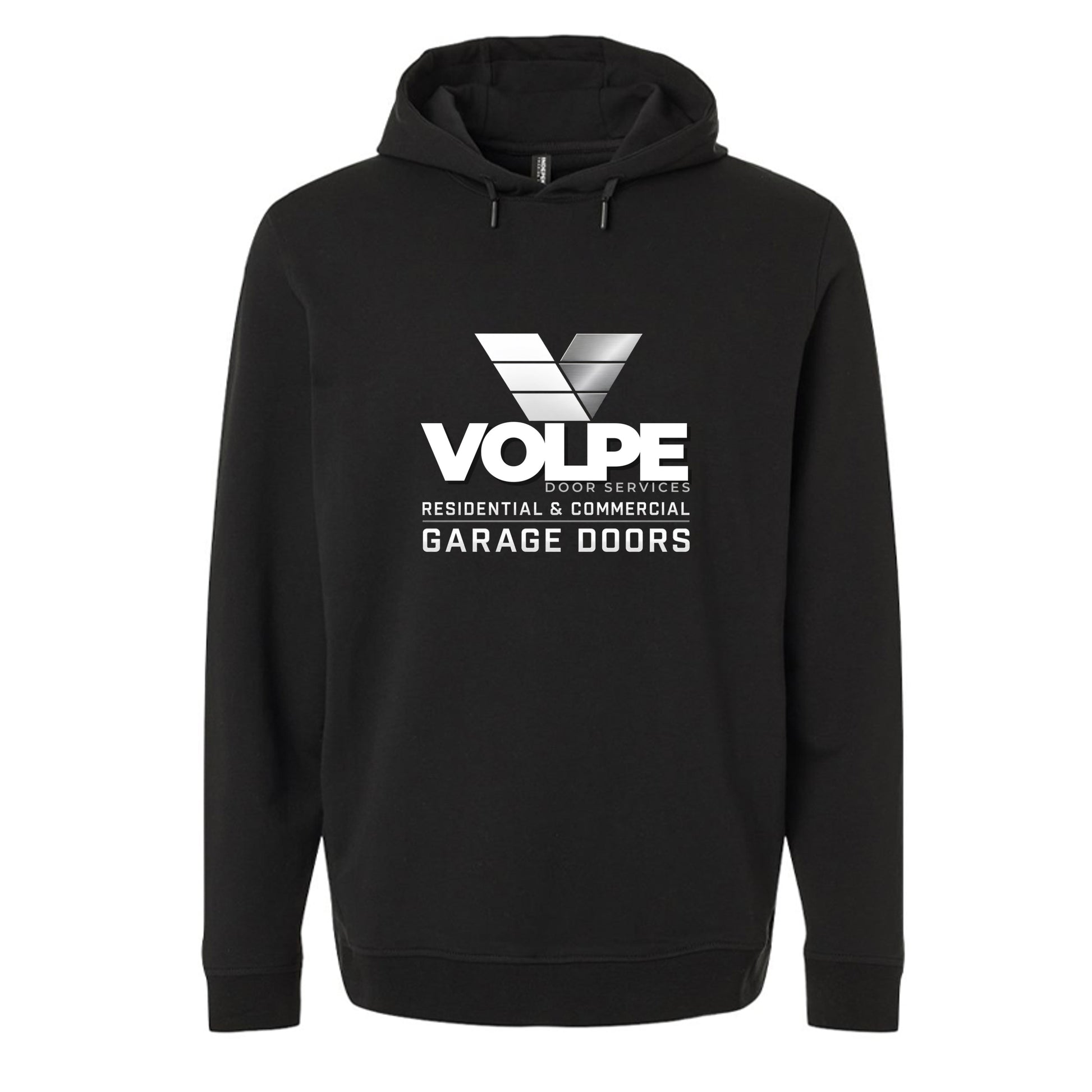 A black pullover hoodie featuring a white and gray printed graphic on the chest that reads 'VOLPE DOOR SERVICES RESIDENTIAL & COMMERCIAL GARAGE DOORS' with a stylized 'V' logo, shown against a plain white background.
