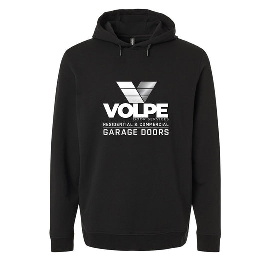 A black pullover hoodie featuring a white and gray printed graphic on the chest that reads 'VOLPE DOOR SERVICES RESIDENTIAL & COMMERCIAL GARAGE DOORS' with a stylized 'V' logo, shown against a plain white background.