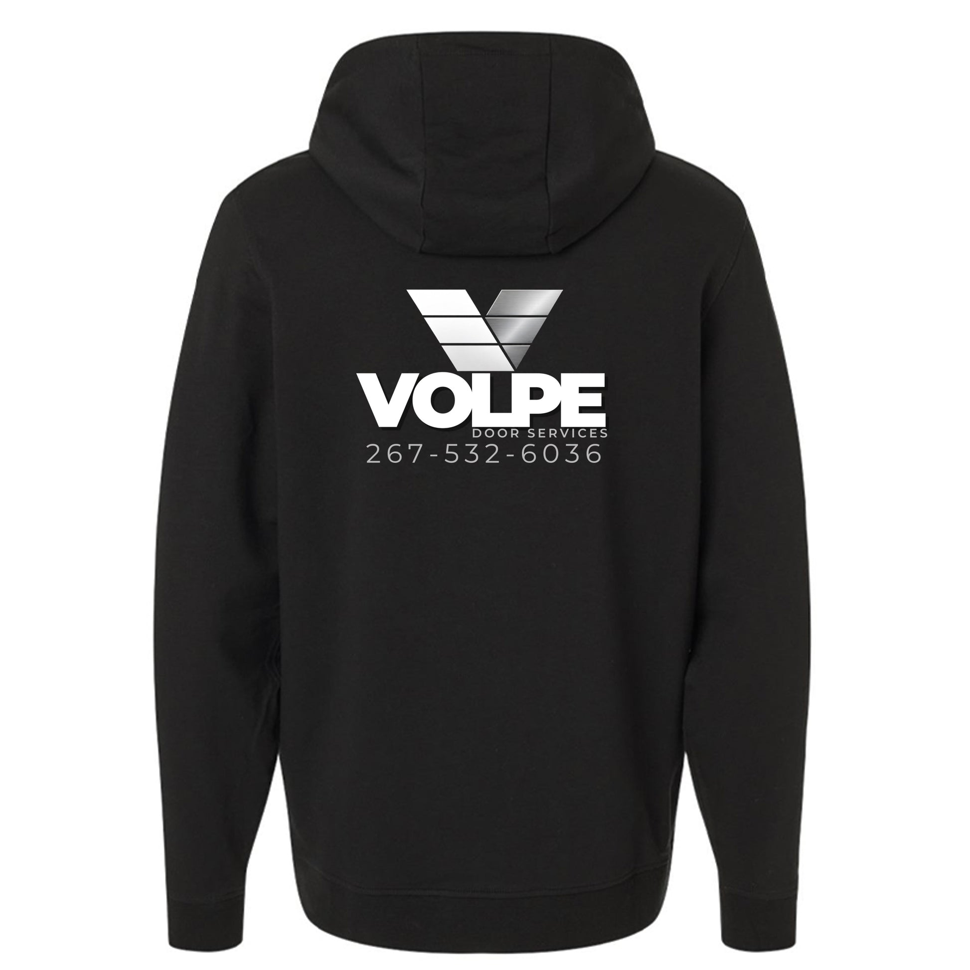 A black pullover hoodie shown from the back, featuring a large white and gray VOLPE food services logo printed on the center back.