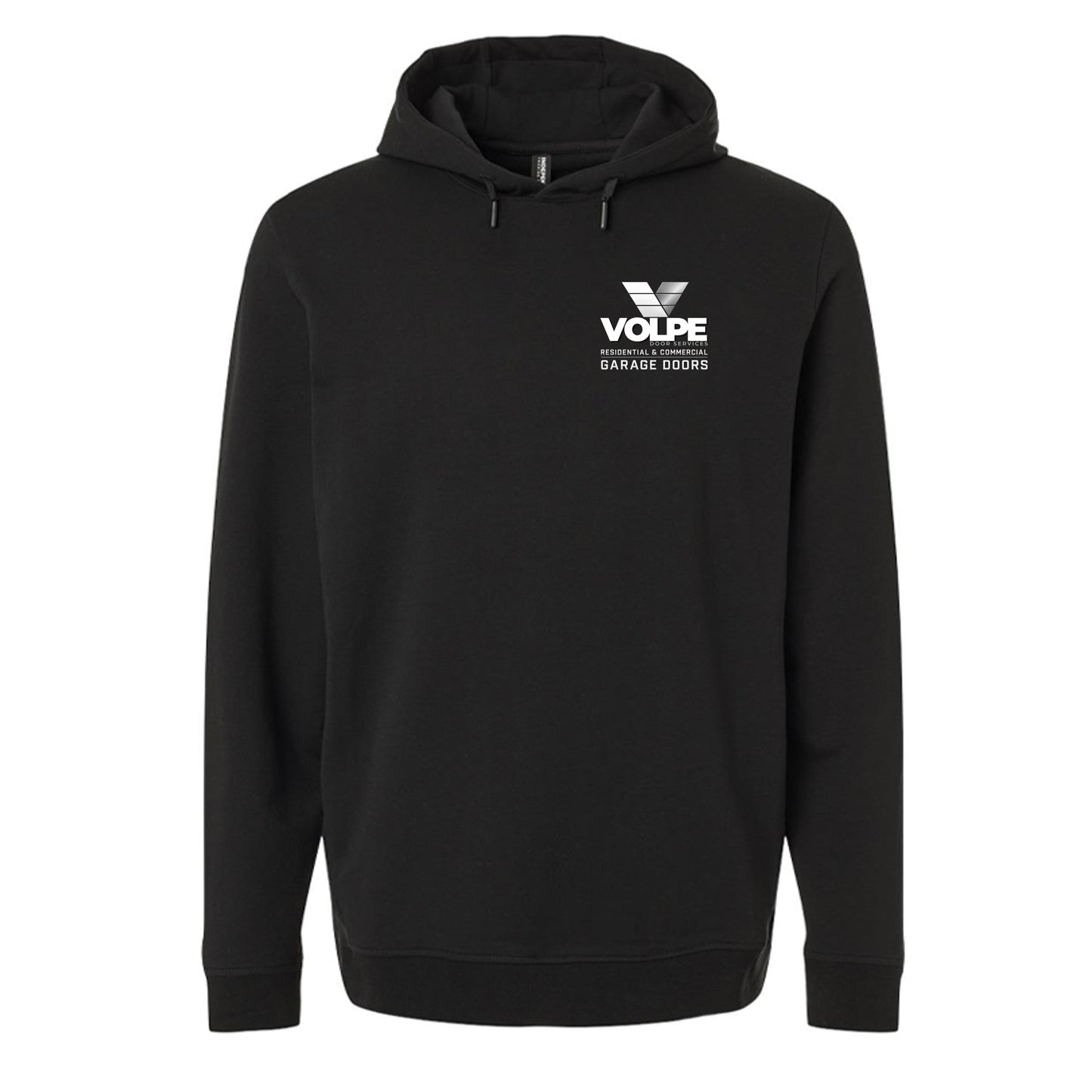 A black pullover hoodie with a white printed VOLPE Garage 2026 logo on the left chest, displayed against a solid white background.