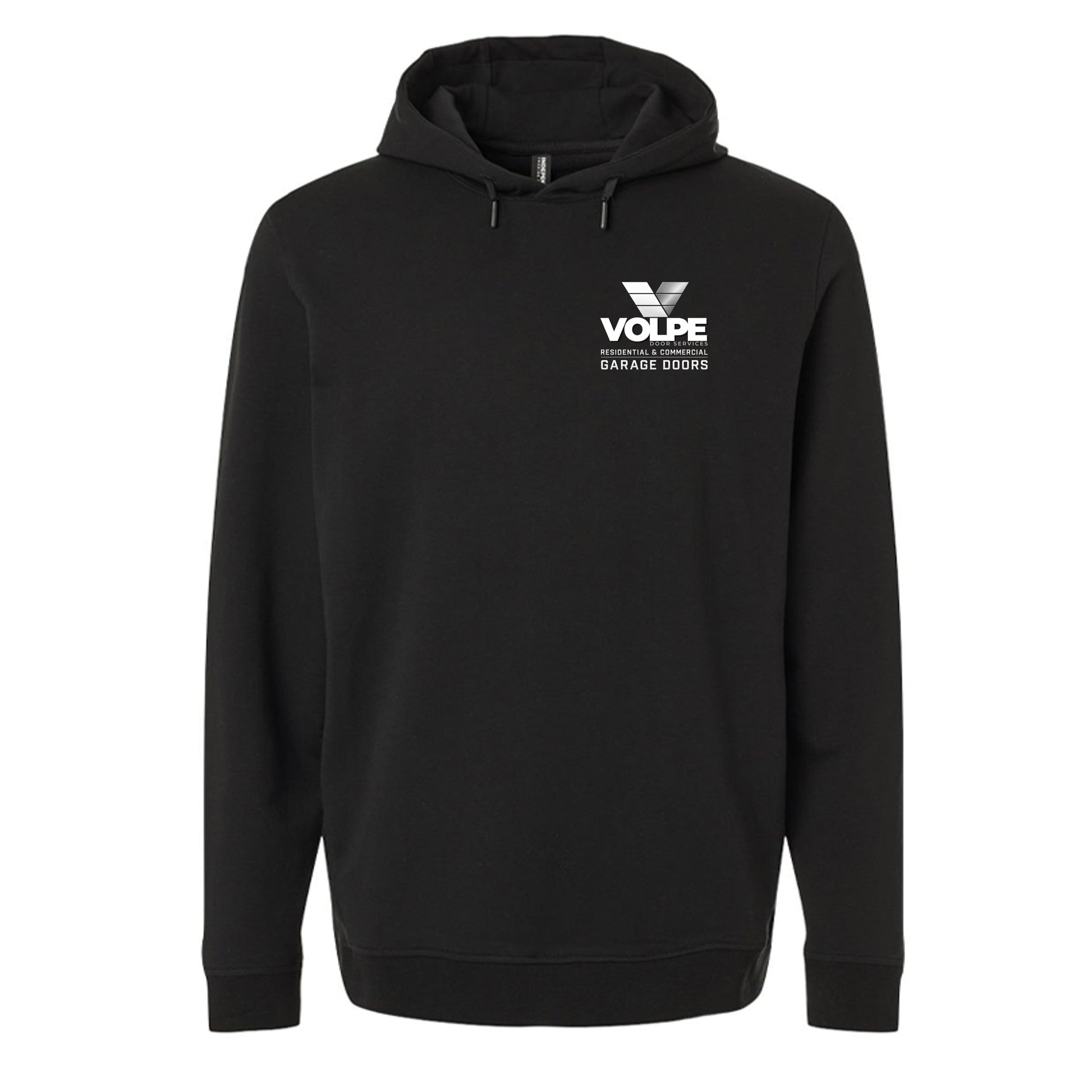 A black pullover hoodie with a white printed VOLPE Garage 2026 logo on the left chest, displayed against a solid white background.